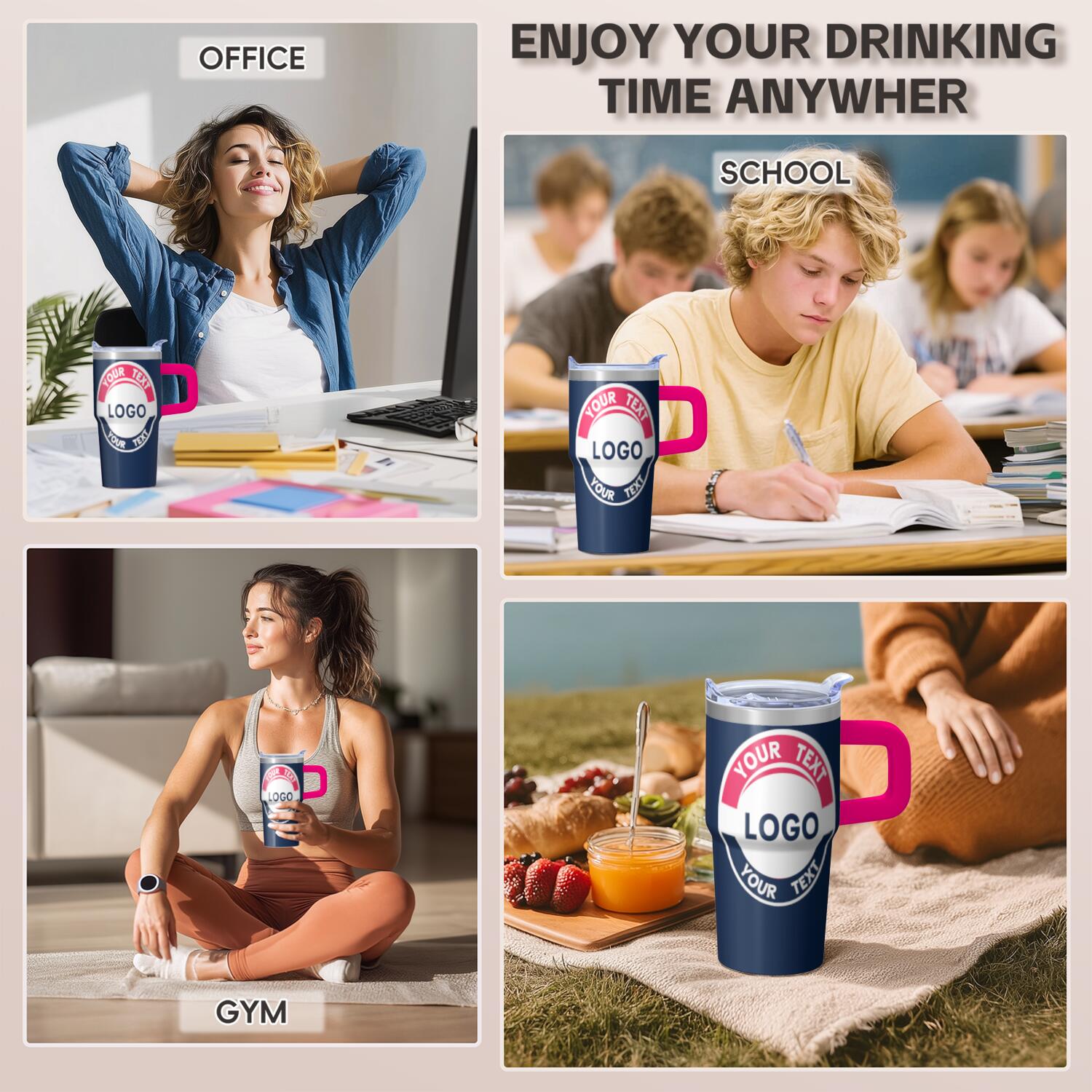 20oz Customizable Stainless Steel Tumbler with Handle & Straw - Personalized Navy Blue Pink Cup for Sports Fans & Daily Use