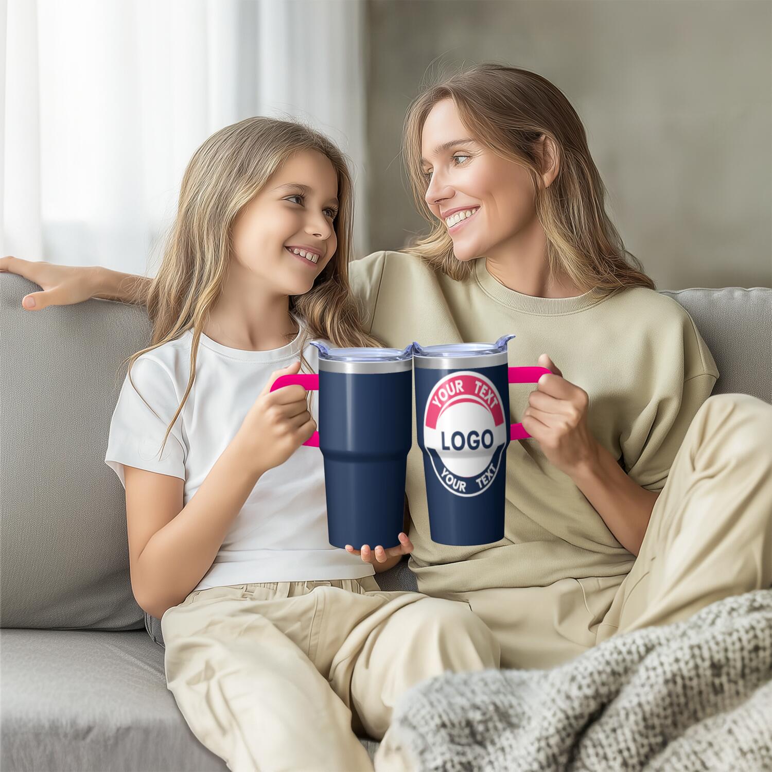 20oz Customizable Stainless Steel Tumbler with Handle & Straw - Personalized Navy Blue Pink Cup for Sports Fans & Daily Use