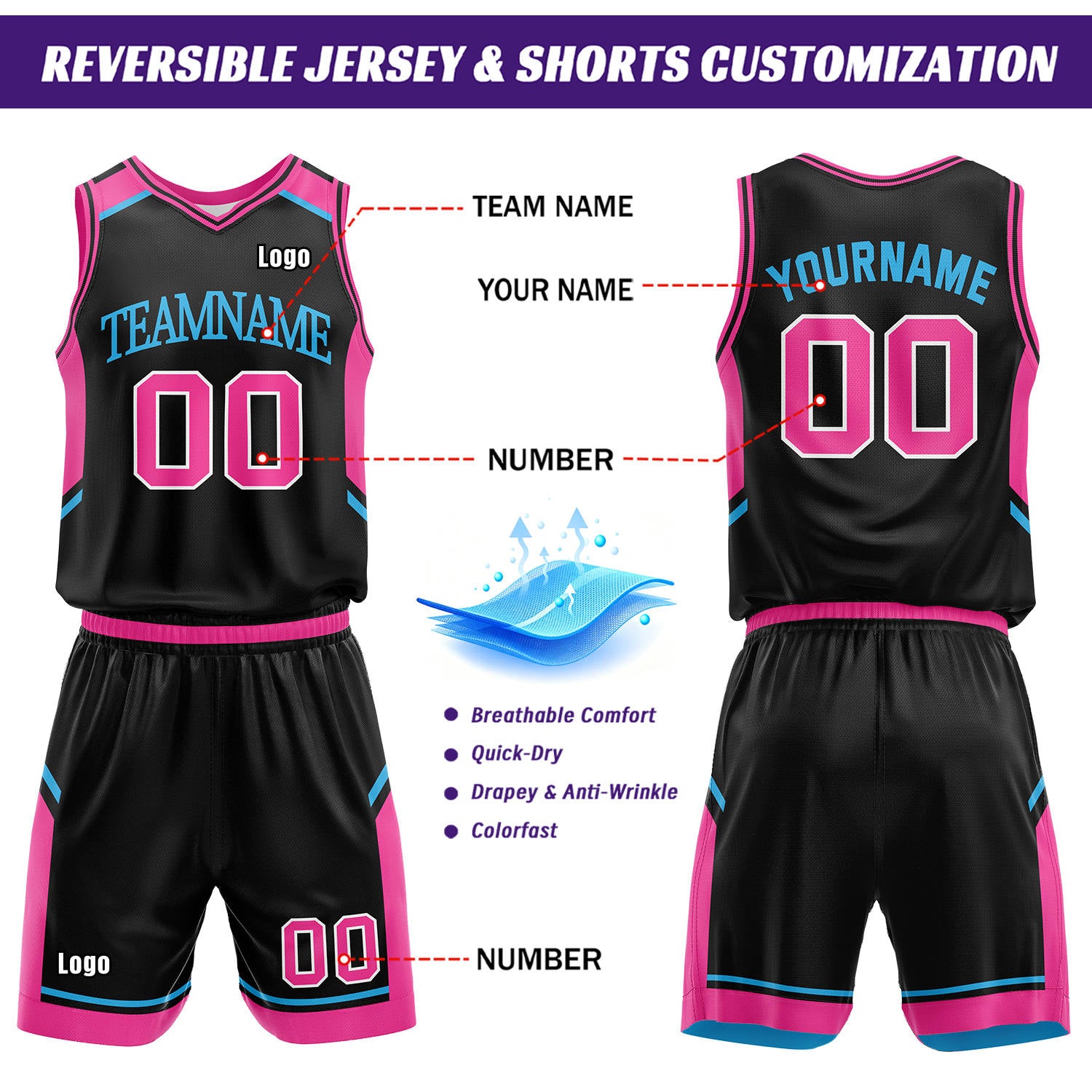 Custom Reversible Basketball Uniform Set | White & Black V-Neck Sleeveless Jersey & Athletic Shorts