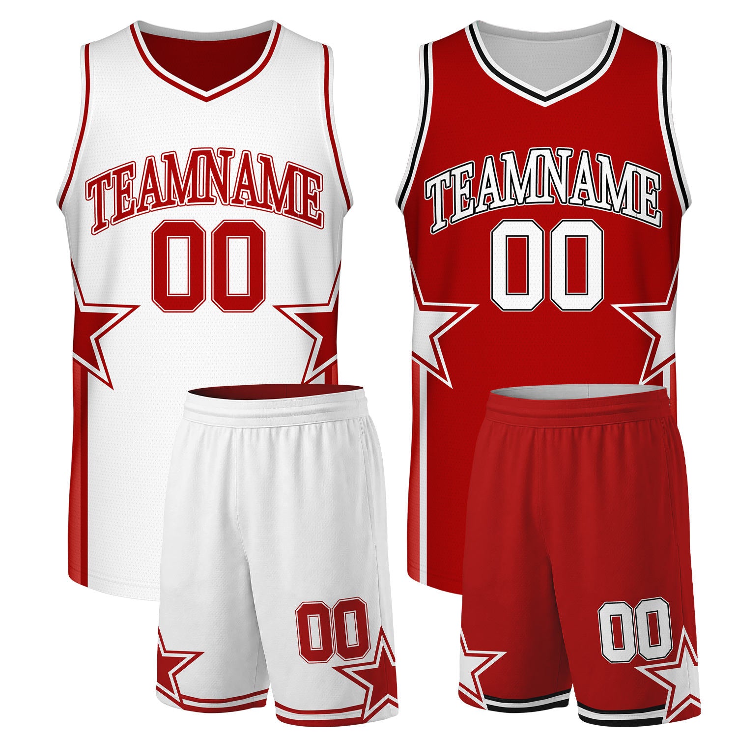 90s retro mesh basketball uniforms white red reversible by Vosoli. Personalized team name, player number & logo. Breathable mesh. Fast delivery.