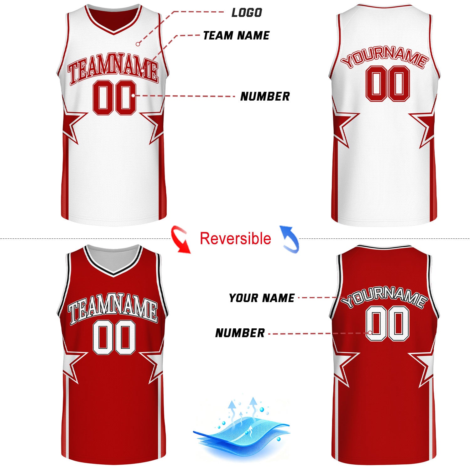 Custom White & Red Star Reversible Basketball Uniform Set | Breathable Mesh Jersey & Shorts