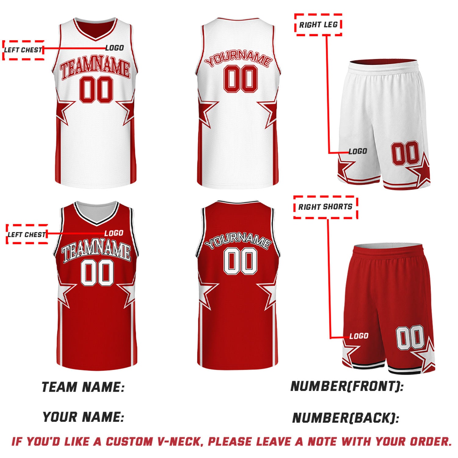 Custom White & Red Star Reversible Basketball Uniform Set | Breathable Mesh Jersey & Shorts
