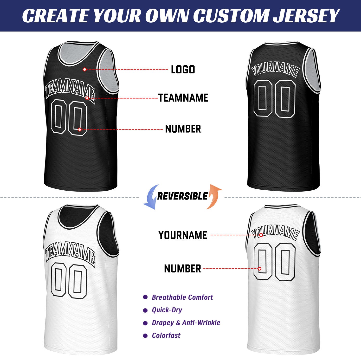 Custom Black & White Reversible Basketball Jersey | Personalized Sleeveless Mesh Jersey for Adult Youth