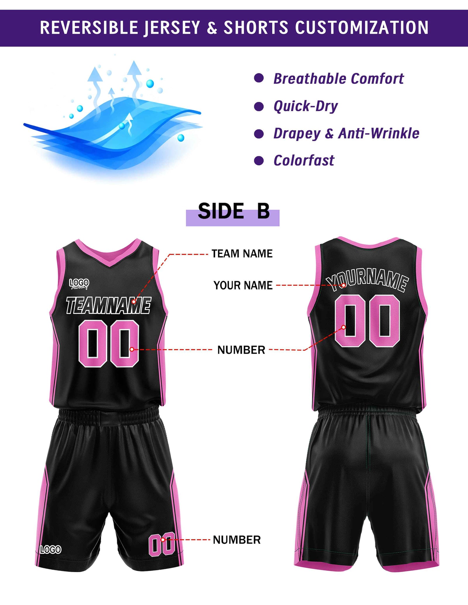 Custom Black and Pink Basketball Jersey Set - Personalized Team Uniforms