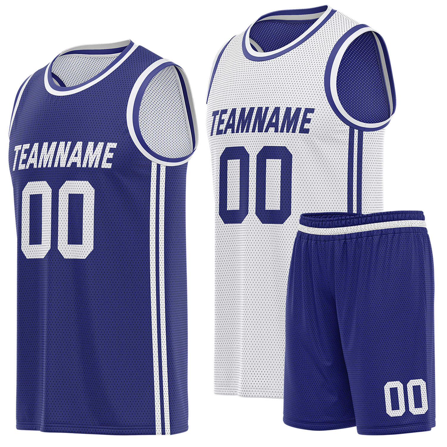 Custom reversible navy & white basketball uniform (jersey + shorts), personalized team name number logo breathable mesh sports set for men women youth game practice - Vosoli