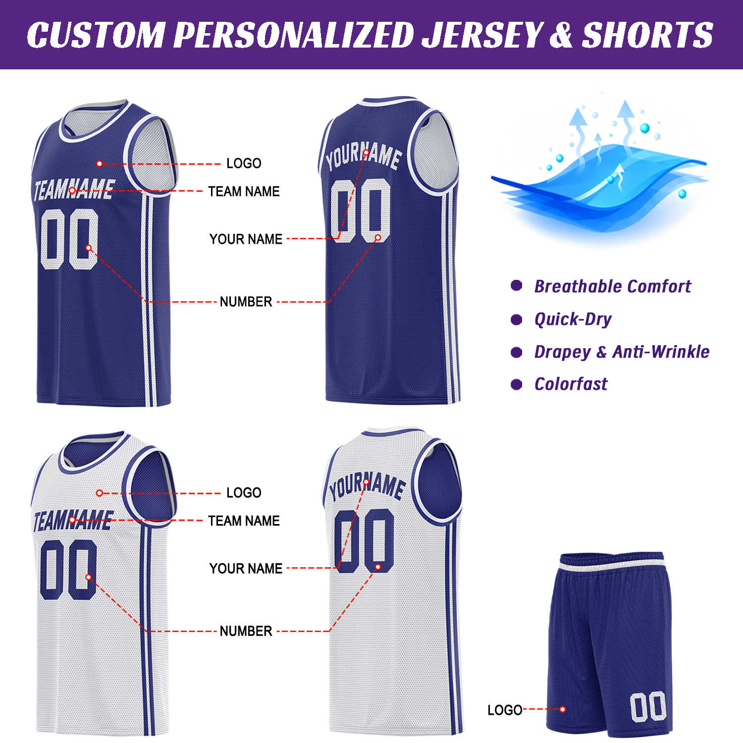 Custom Reversible Navy & White Basketball Uniform | Jersey & Shorts Set - Vosoli