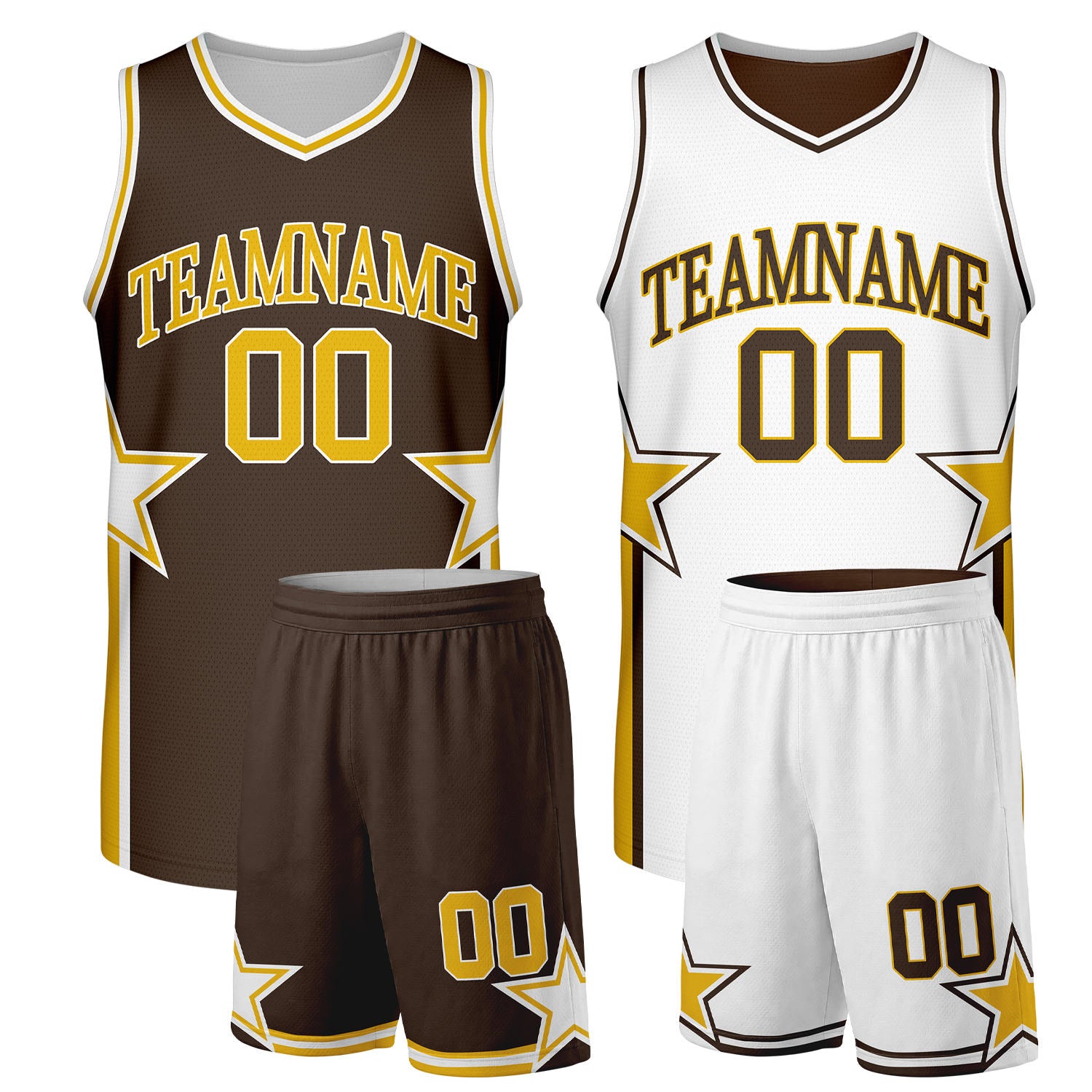 Custom basketball uniform set brown white reversible by Vosoli. Personalized team name, player number & logo. Breathable mesh. Fast delivery.
