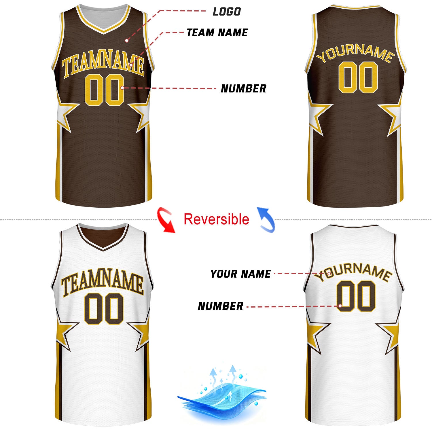 Custom Brown & White Star Reversible Basketball Uniform Set | Breathable Mesh Jersey & Shorts