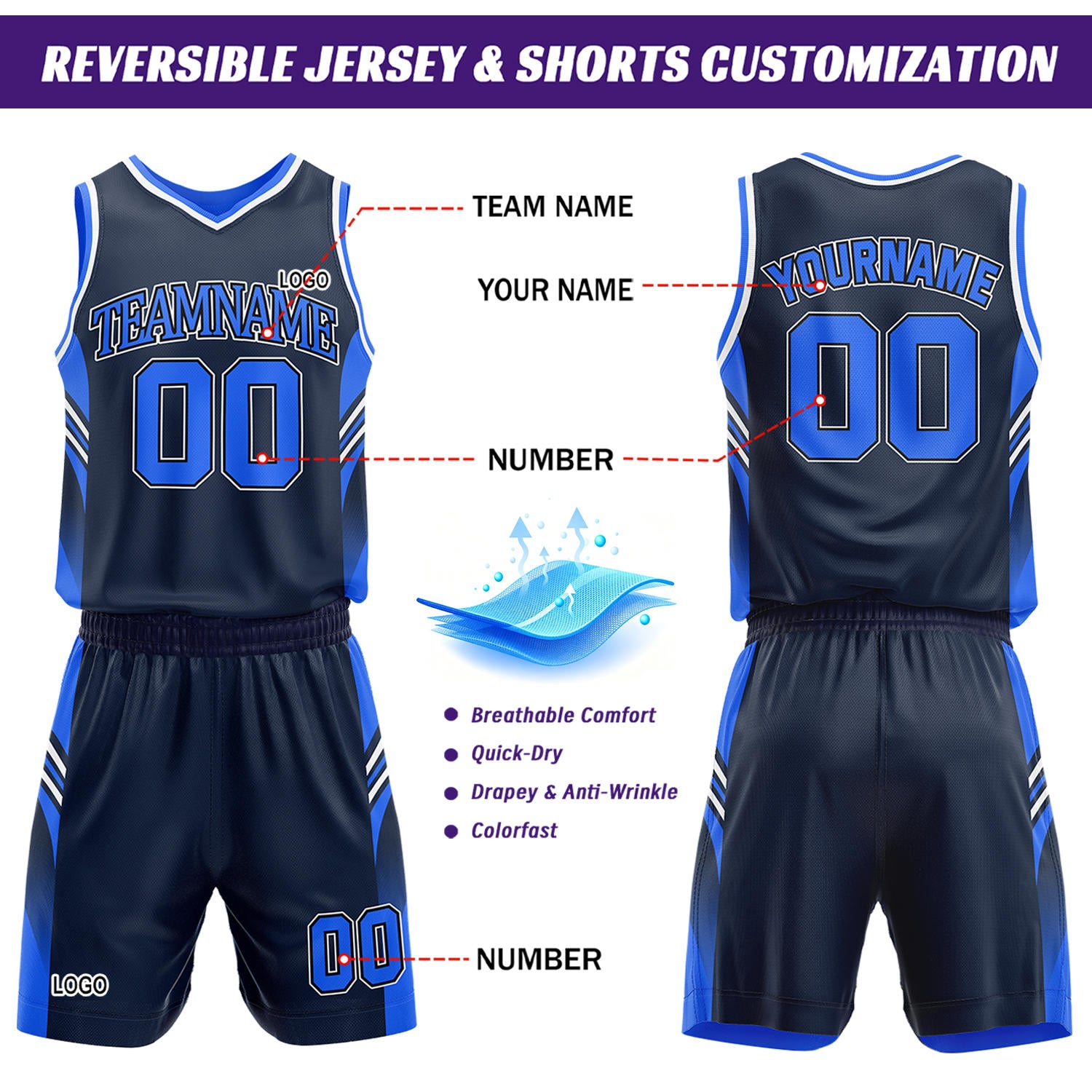 Custom Navy & Royal Blue Reversible Basketball Uniform Set | Personalized Team Jersey Kit