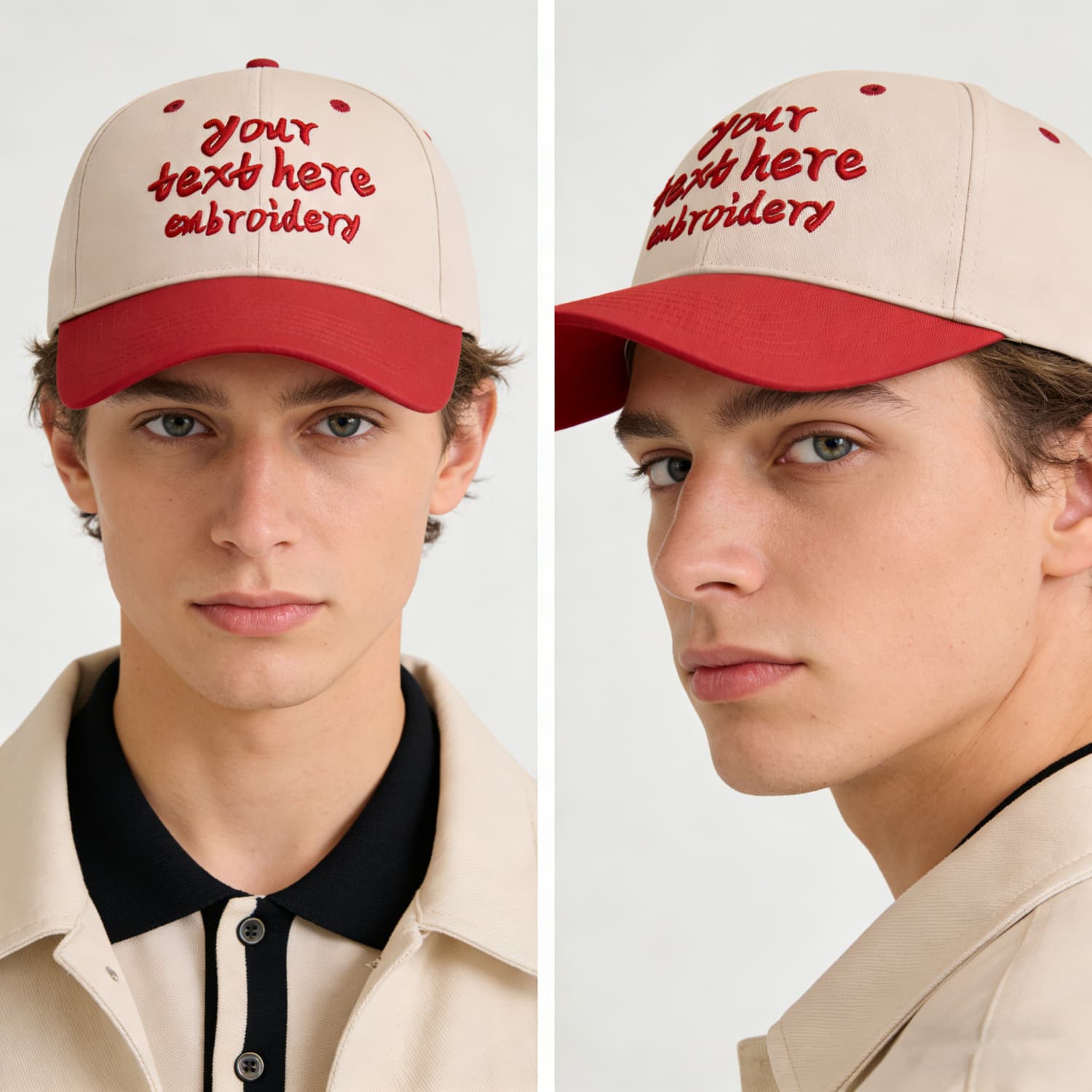 Vosoli Sand & Red Color-Block Deep Bill Baseball Cap - Unisex Custom 3D Embroidery or Print Hat