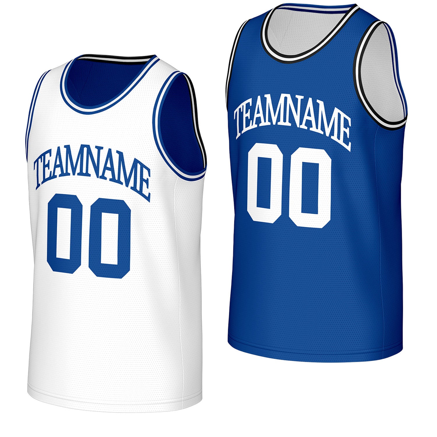 adult league basketball jerseys white blue reversible by Vosoli, personalized team name, number & logo, breathable mesh dual sided basketball jersey for adult league team games