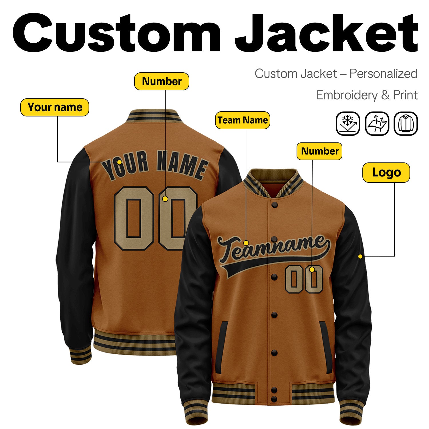 Custom Brown & Black Two-Tone Varsity Jacket | Personalized Baseball Bomber with Name, Number & Logo