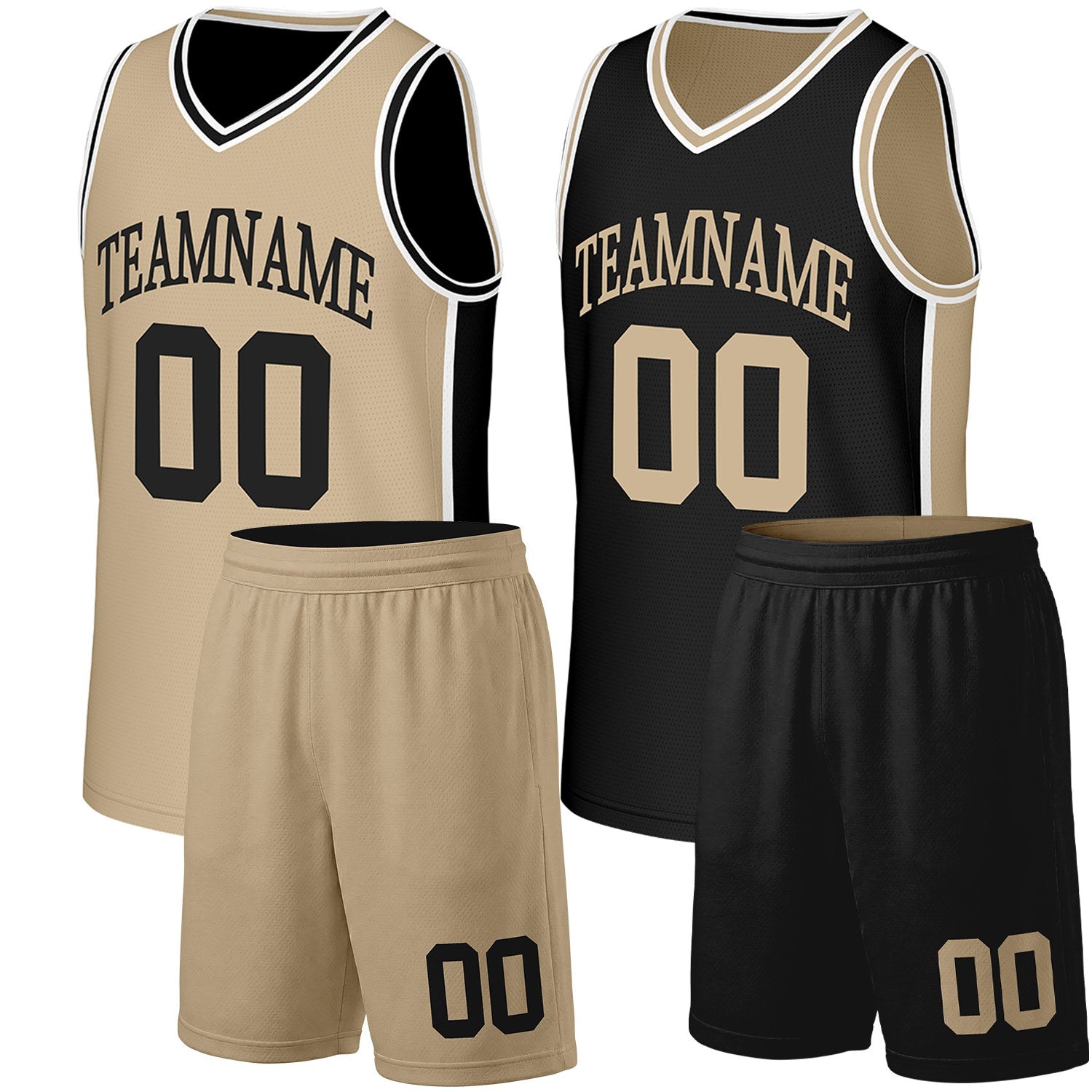 Basketball jersey and shorts set khaki black reversible Vosoli, custom team name number logo, breathable mesh sport uniform, Fast delivery.