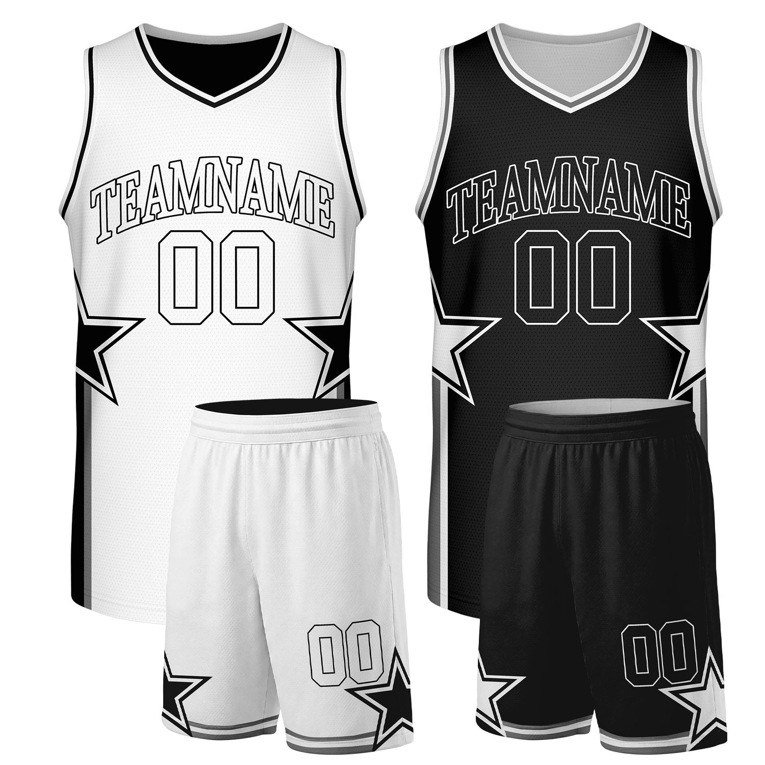 Basketball jersey and shorts set white black reversible by Vosoli. Personalized team name, player number & logo. Breathable mesh. Fast delivery.