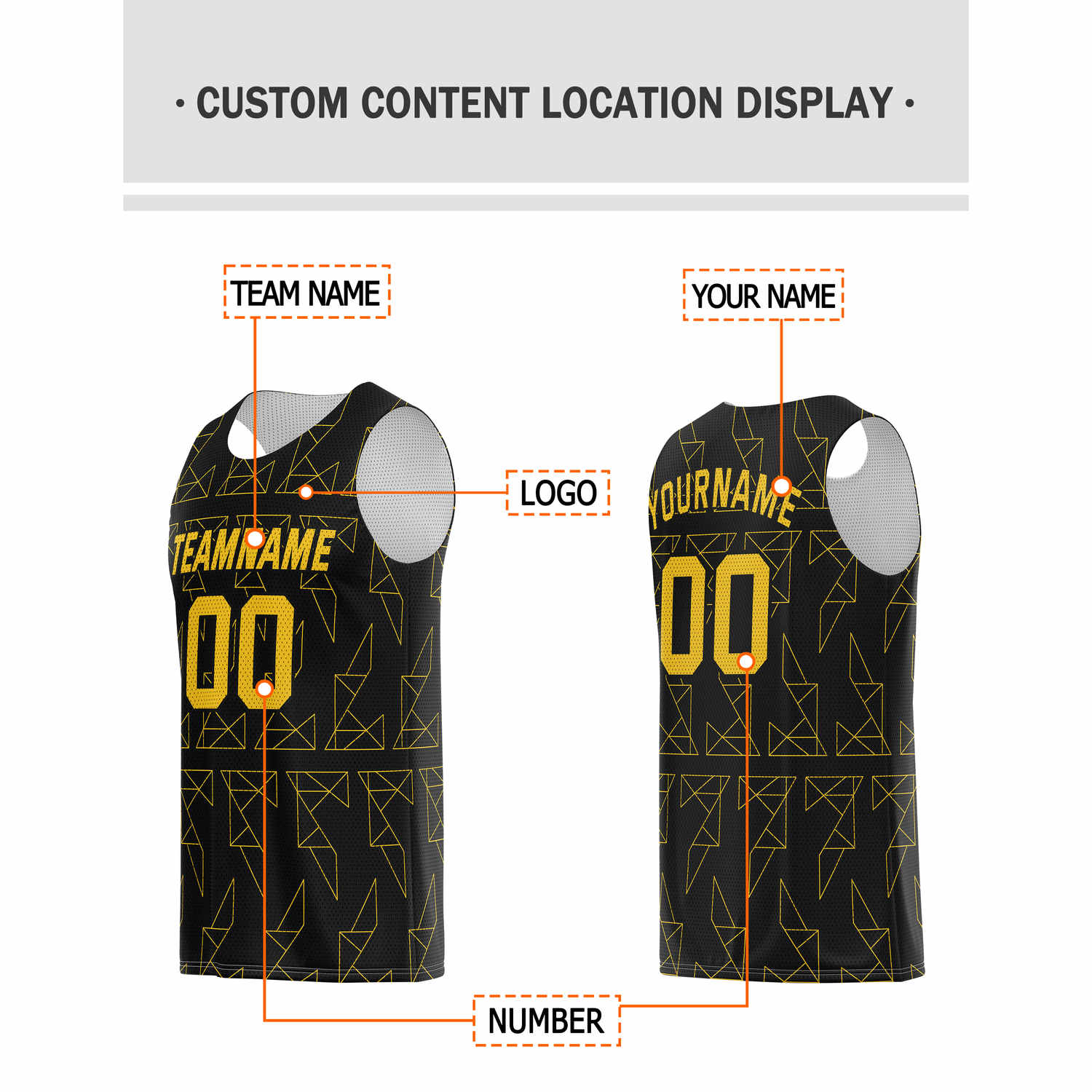 Custom Black & Gold Geo Line Pattern Basketball Jersey - Personalized Team Name, Number & LOGO | Vosoli