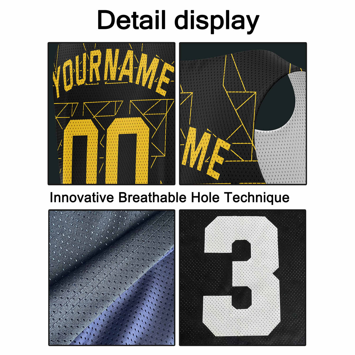 Custom Black & Gold Geo Line Pattern Basketball Jersey - Personalized Team Name, Number & LOGO | Vosoli