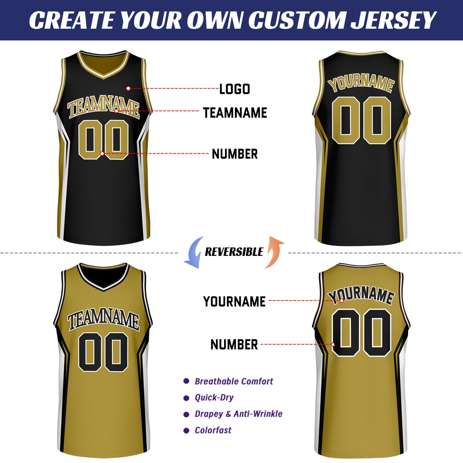 Custom Black & Gold Two Sided Basketball Uniform Set | Personalized Team Uniforms for Adult & Youth