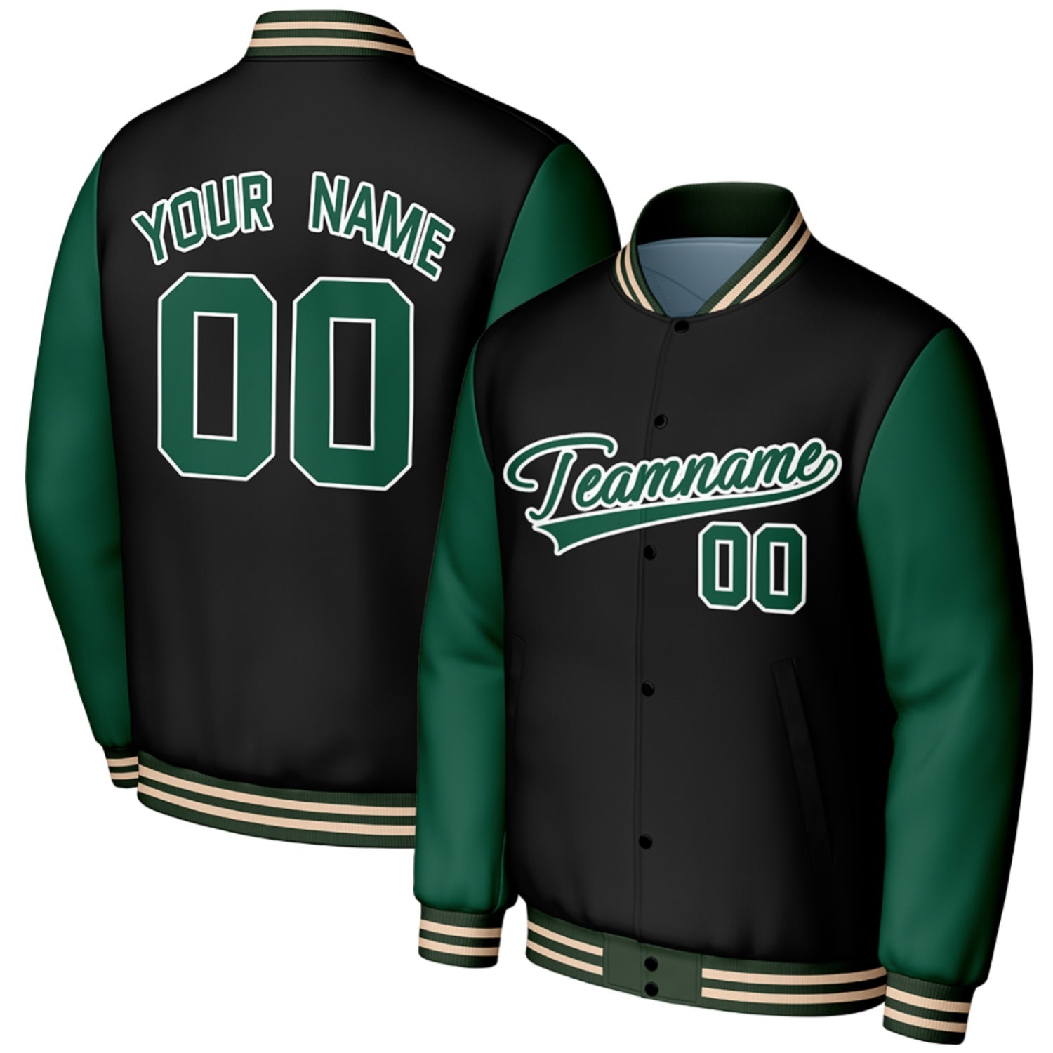 custom black green custom varsity baseball jacket high school by Vosoli, personalized stitched name, number & logo, classic button up varsity letterman jacket for high school baseball team and casual wear