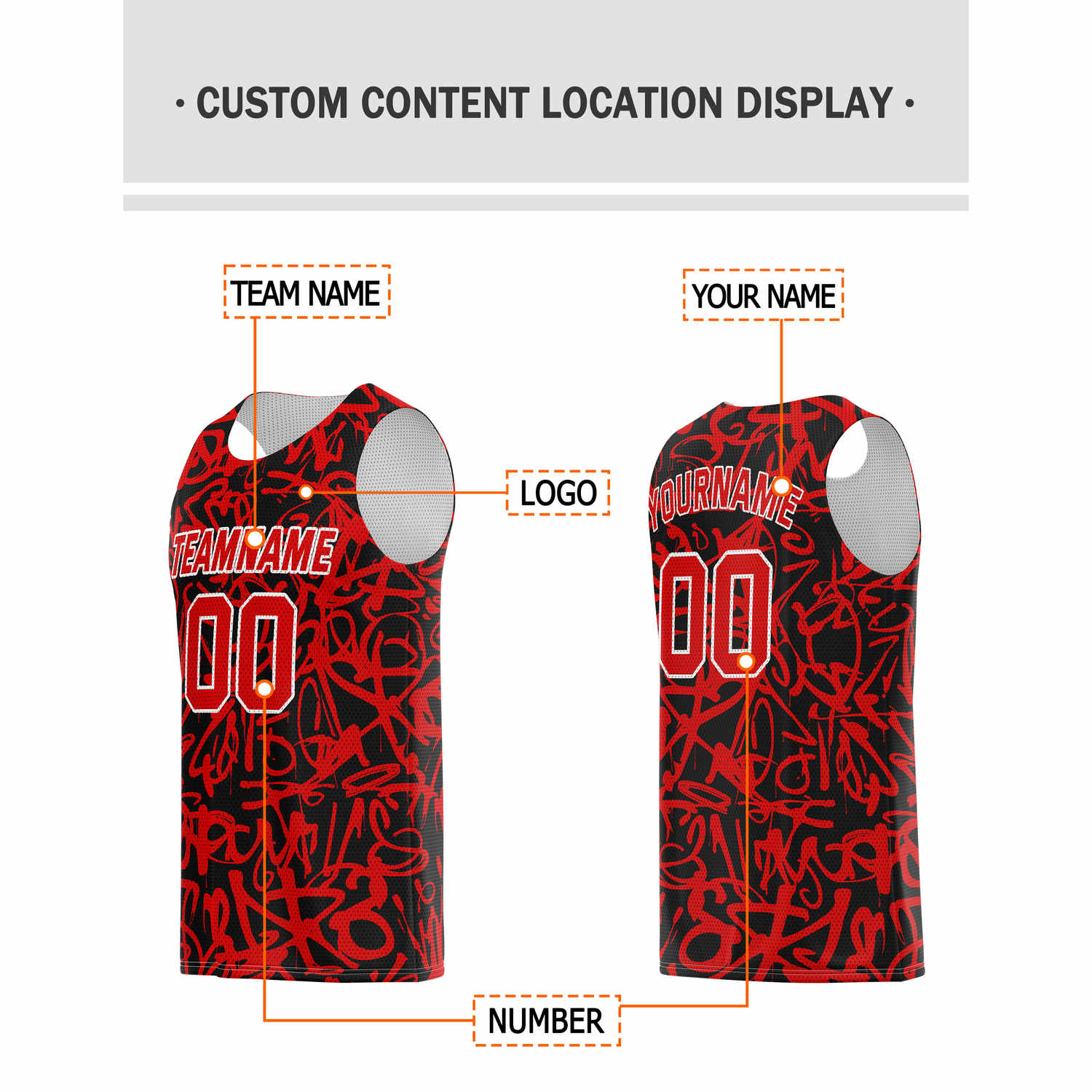 Custom Black & Red (with White Accent) Graffiti Basketball Jersey - Personalized Team Name, Number & LOGO | Vosoli