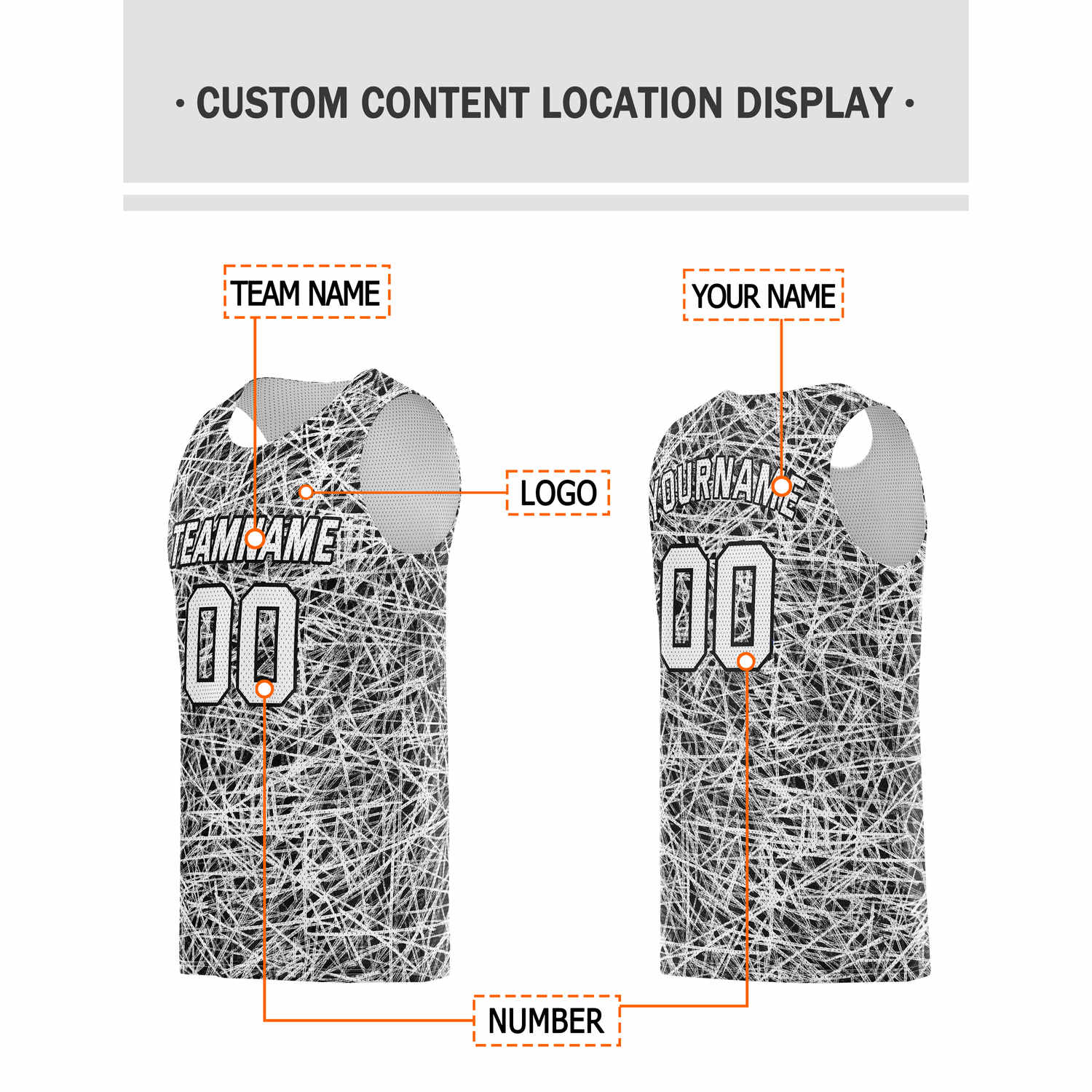 Custom Black & White Sketch Pattern Basketball Jersey - Personalized Team Name, Number & LOGO | Vosoli