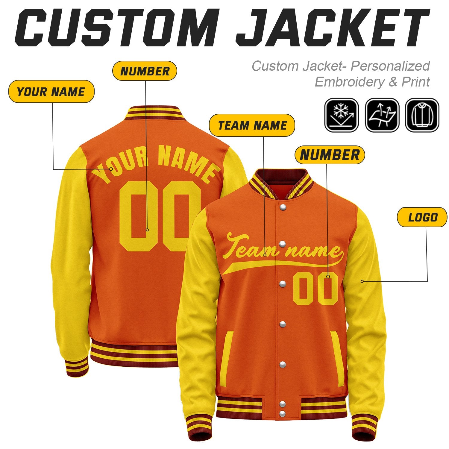 Custom Orange & Yellow Baseball Bomber Jacket | Retro Collegiate Varsity & Letterman