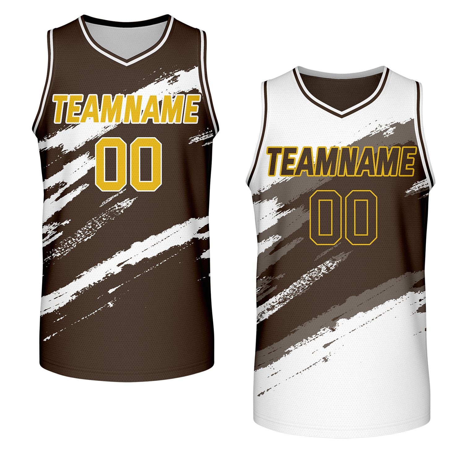 bulk custom basketball jerseys brown white reversible by Vosoli, personalized team name, number & logo, breathable mesh dual sided basketball jersey for bulk team orders