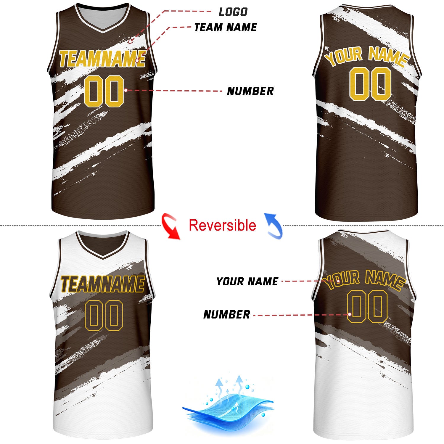 Custom Brown & White Brush Stroke Reversible Basketball Jersey | Adult Youth Jerseys for Large Group Team Orders