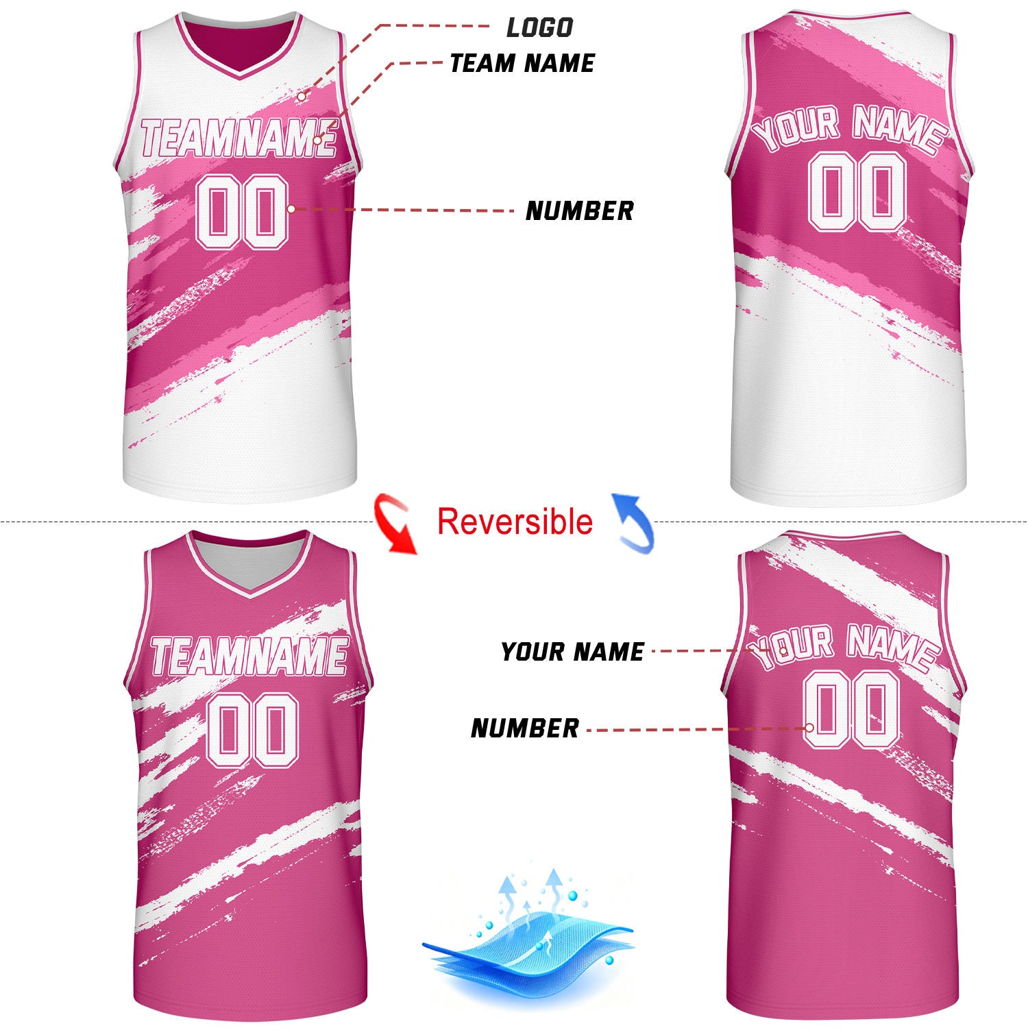 Custom Hot Pink & White Brush Stroke Reversible Basketball Jersey | Adult Youth Jerseys for Large Group Team Orders