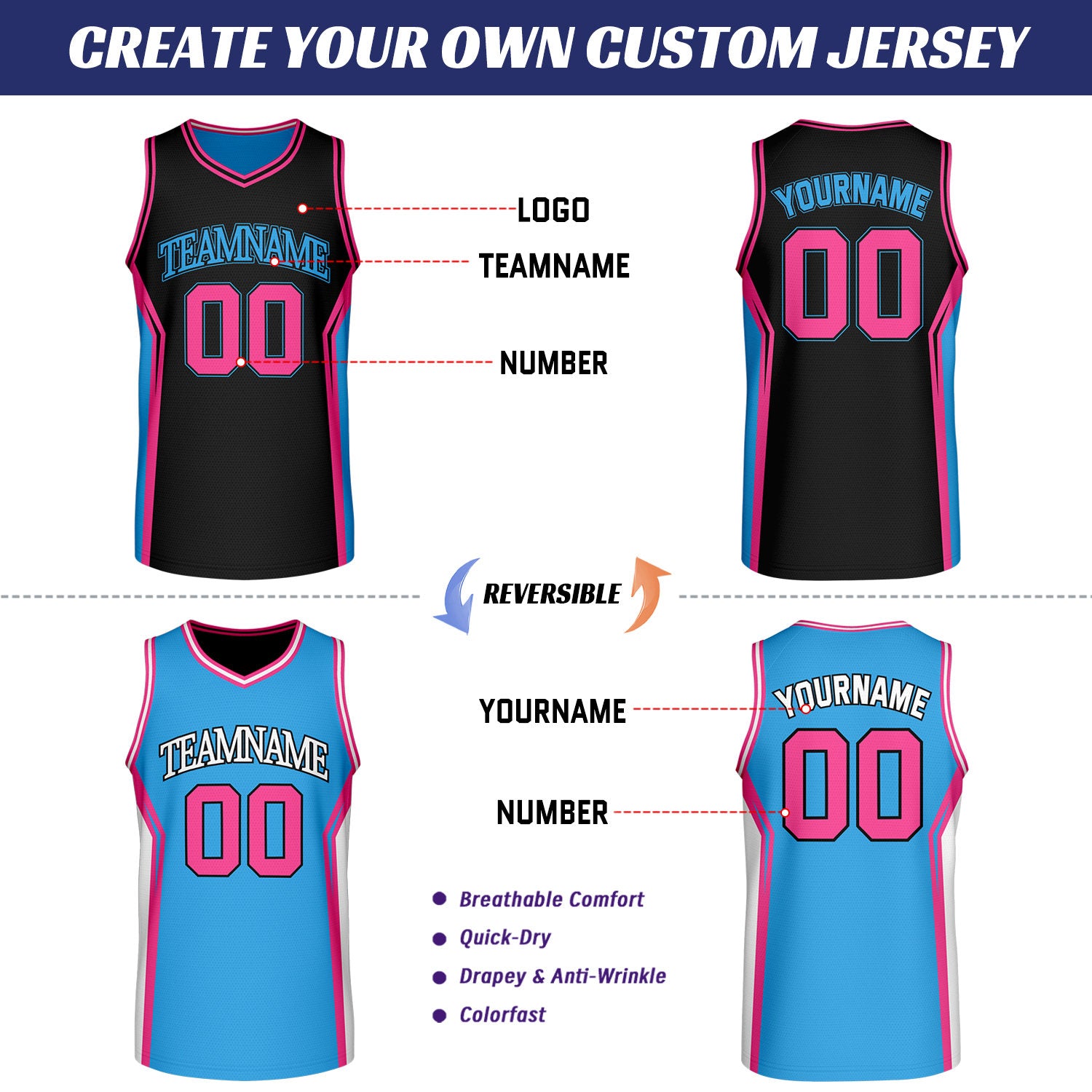 Custom Black & Sky Blue Two Sided Basketball Uniform Set | Personalized Team Uniforms for Adult & Youth