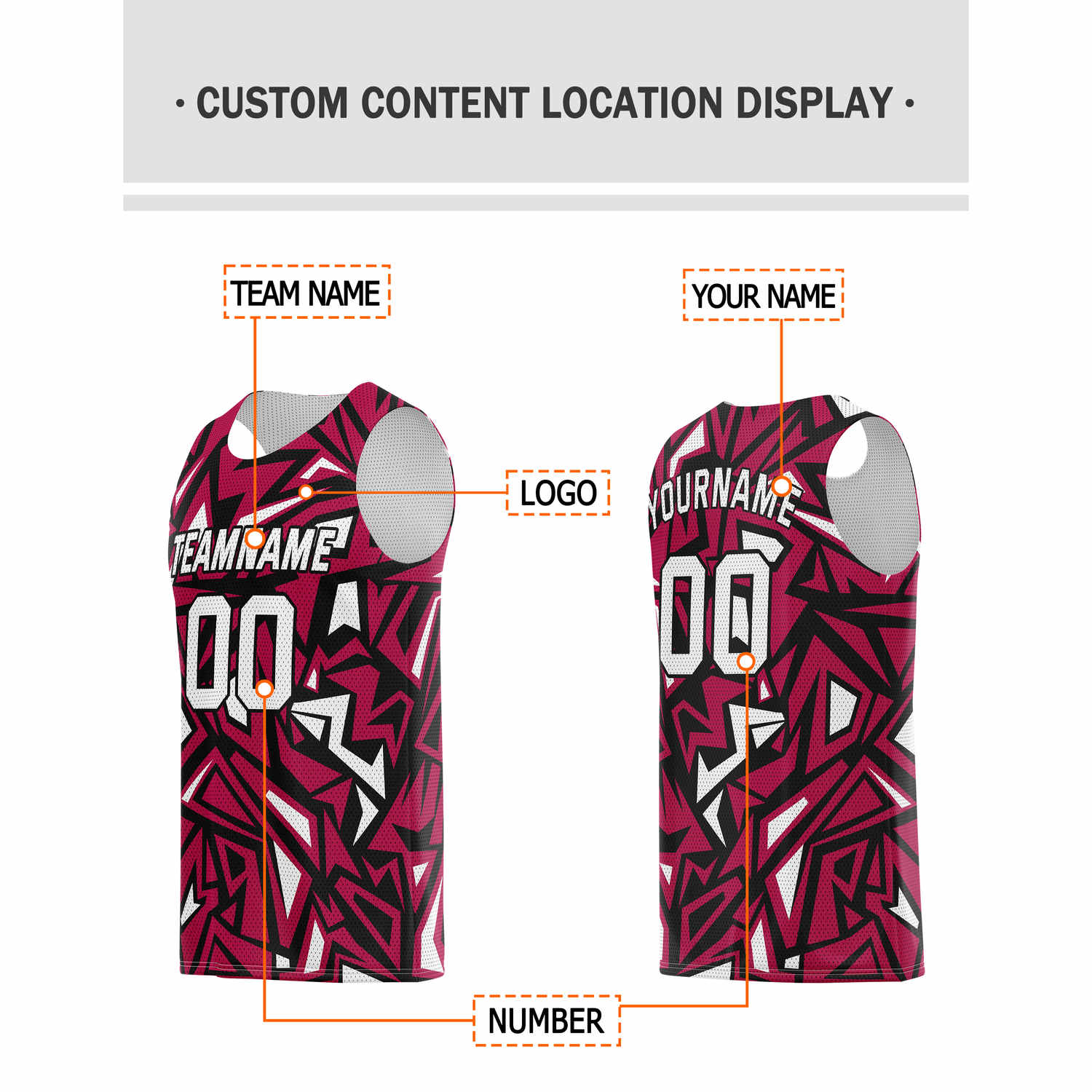 Custom Burgundy, Black & White Geo Pattern Basketball Jersey - Personalized Team Name, Number & LOGO | Vosoli
