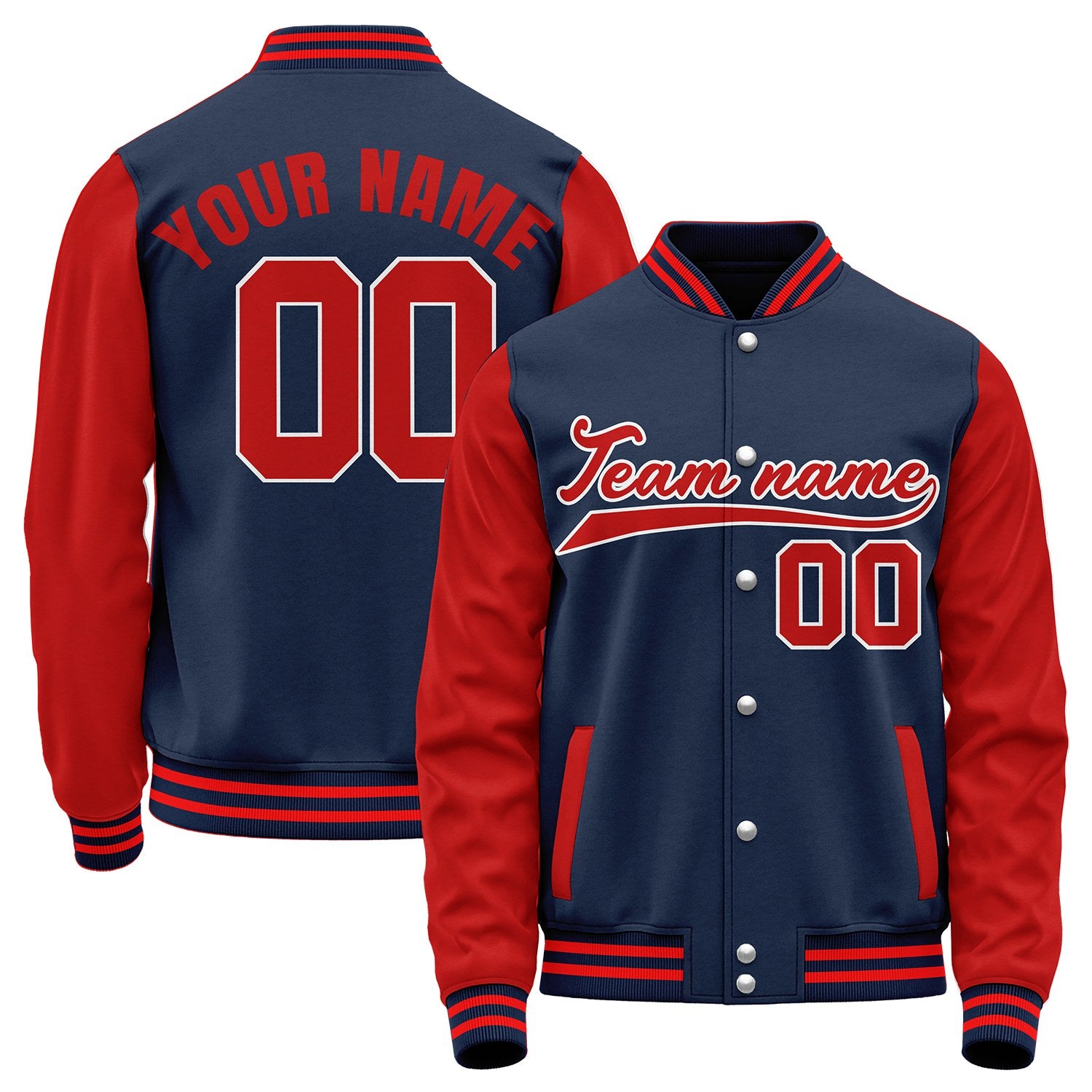 College baseball varsity jackets, navy and red retro collegiate letterman bomber jacket, customizable team name, player number and logo.