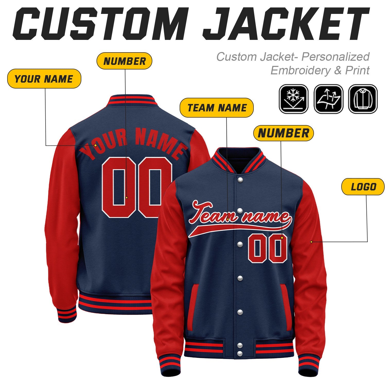 Custom Navy & Red Baseball Bomber Jacket | Retro Collegiate Varsity & Letterman