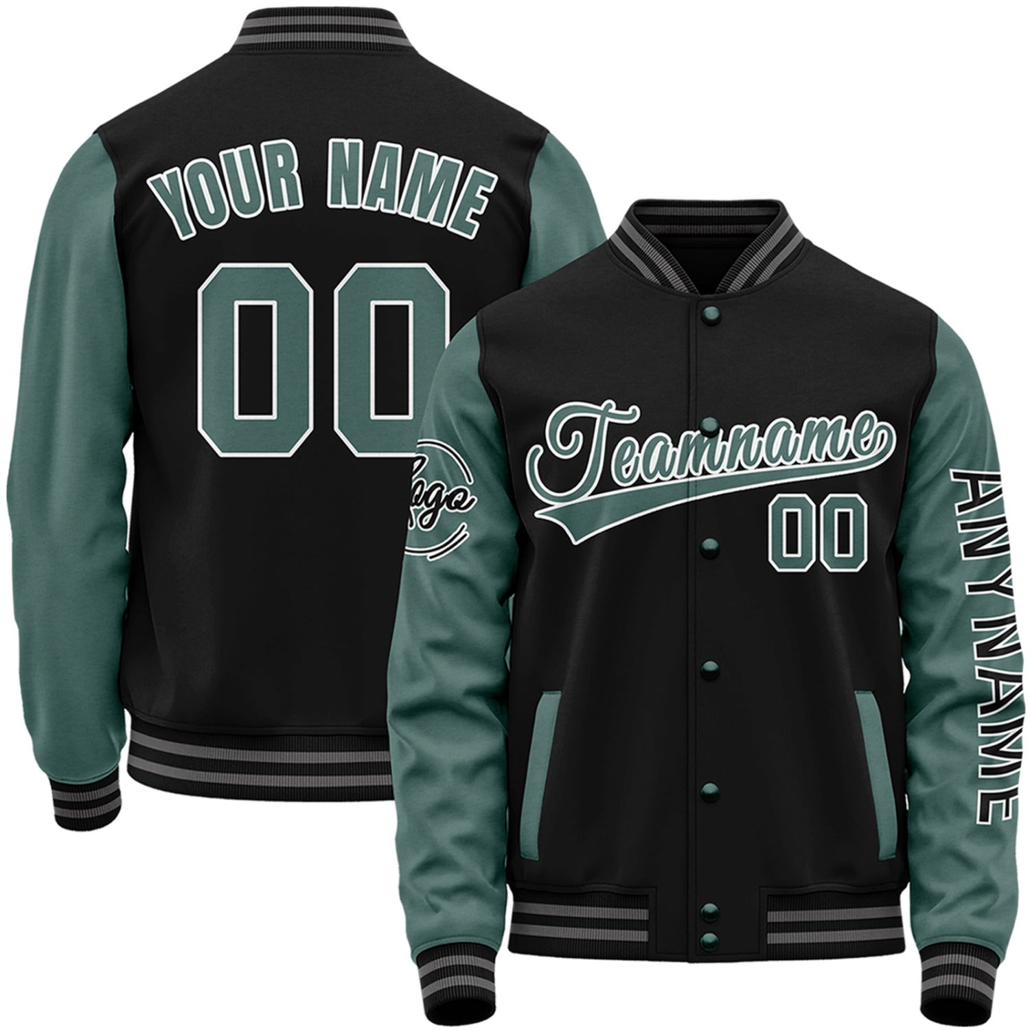 Custom black and sage create your own baseball jacket by Vosoli with stitched name, number and logo. Classic varsity jacket for baseball and casual wear.