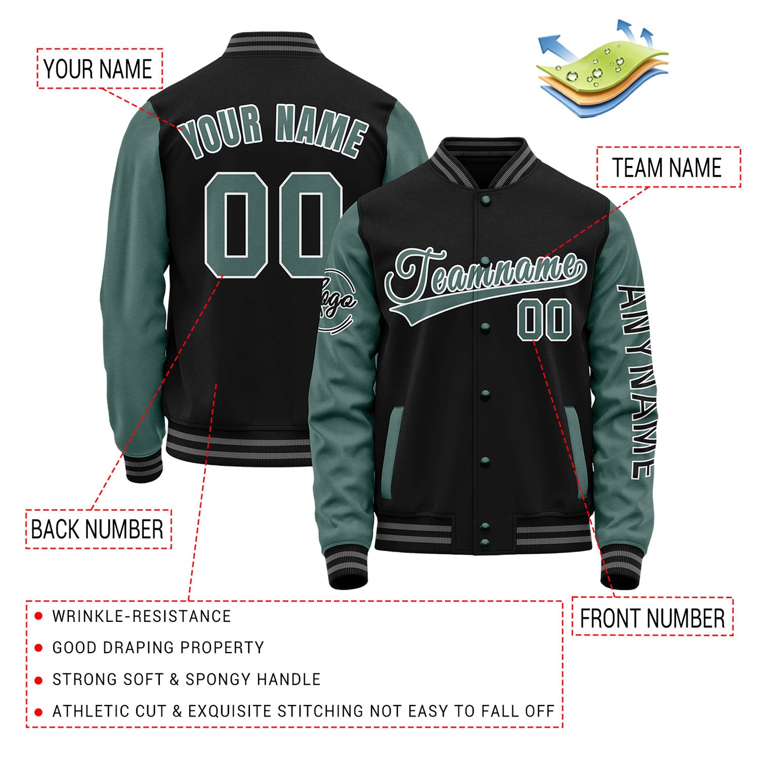 Custom Black & Sage Two Tone Varsity Letterman Jacket | Personalized Stitched Team Name Number Outerwear