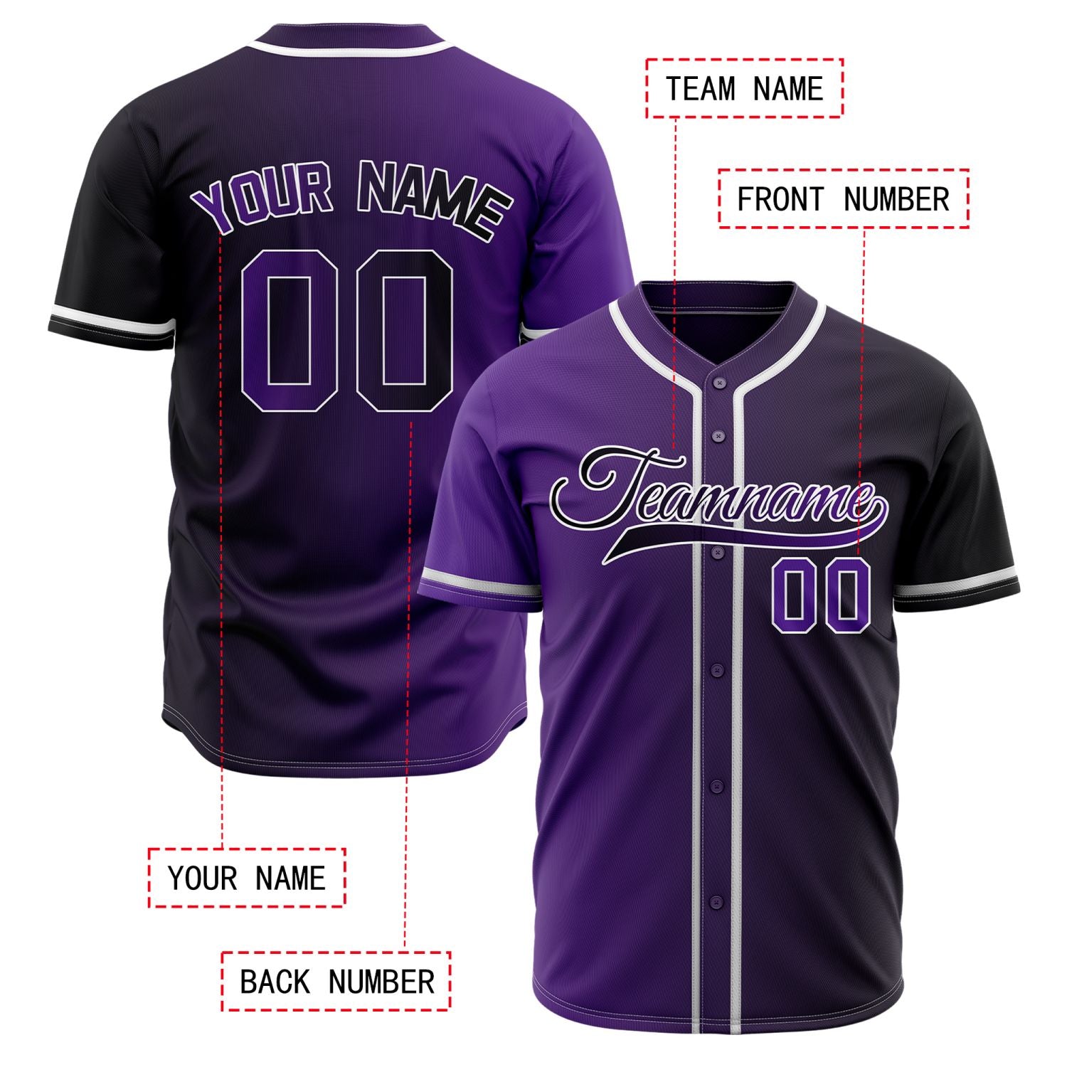 Custom Purple Color Block Baseball Jersey | Personalized Fade Design Teamwear