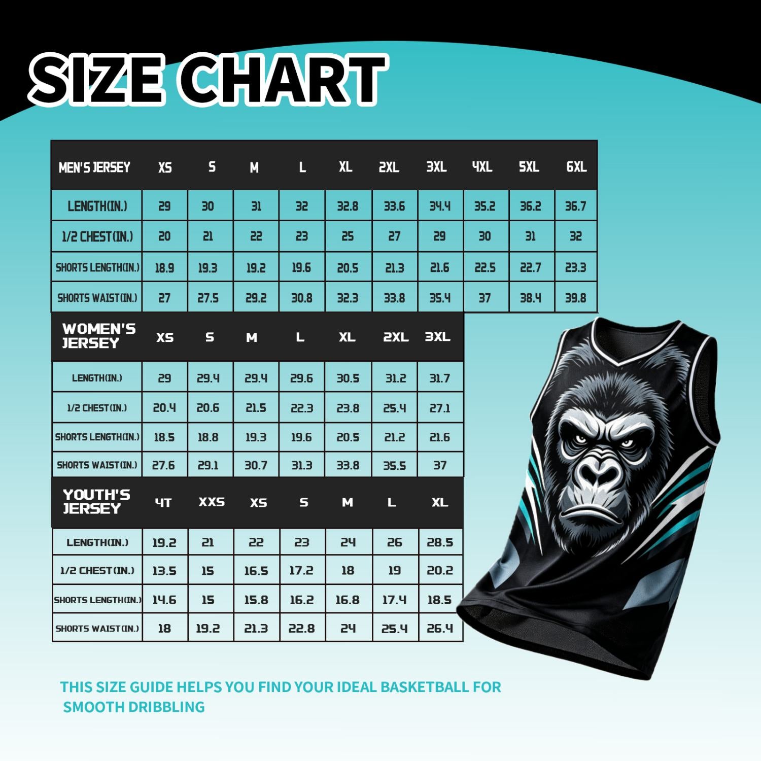 Custom V Neck Basketball Jersey Black & Teal Gorilla Graphic Mesh Team Uniform for Adult Youth