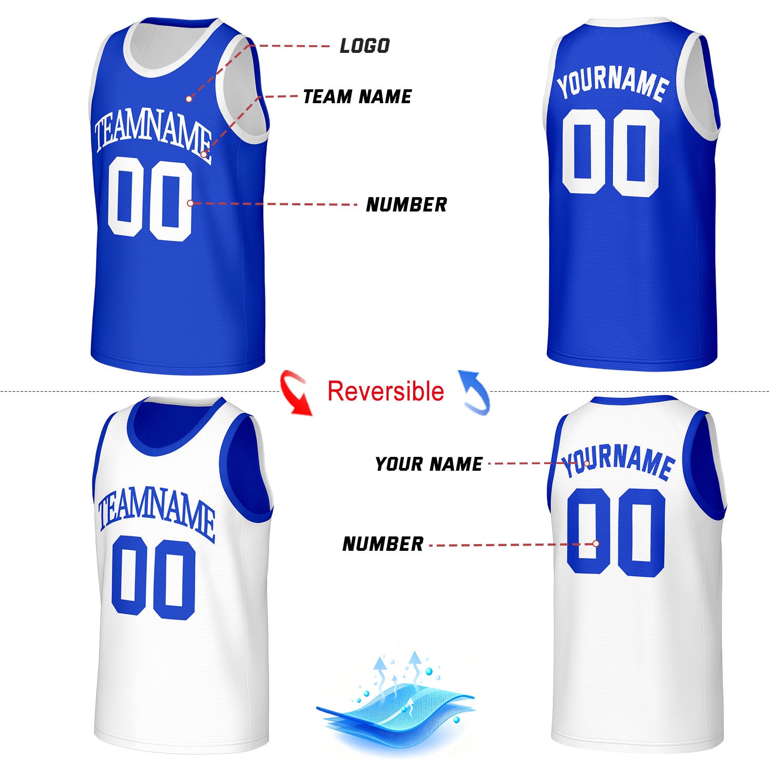 Custom Reversible Basketball Jersey Blue & White Mesh Team Uniform for Adult Youth