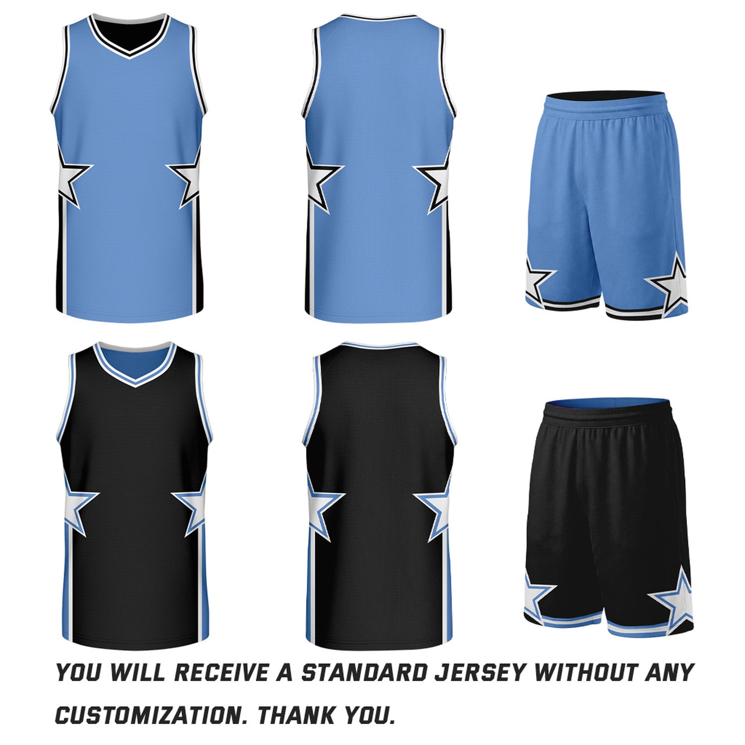 Custom Carolina Blue & Black Star Reversible Basketball Uniform Set | Breathable Mesh Jersey & Shorts