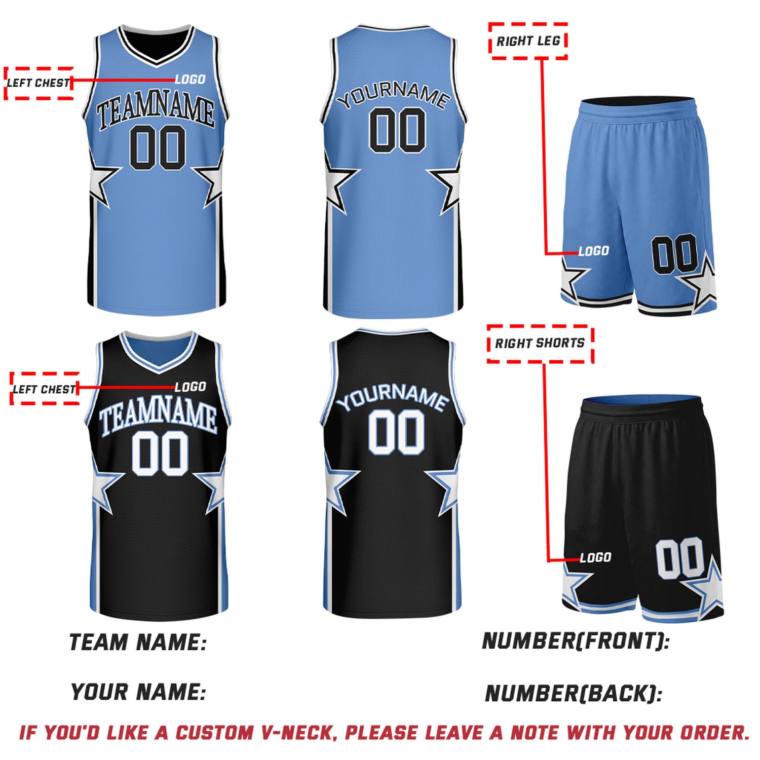Custom Carolina Blue & Black Star Reversible Basketball Uniform Set | Breathable Mesh Jersey & Shorts