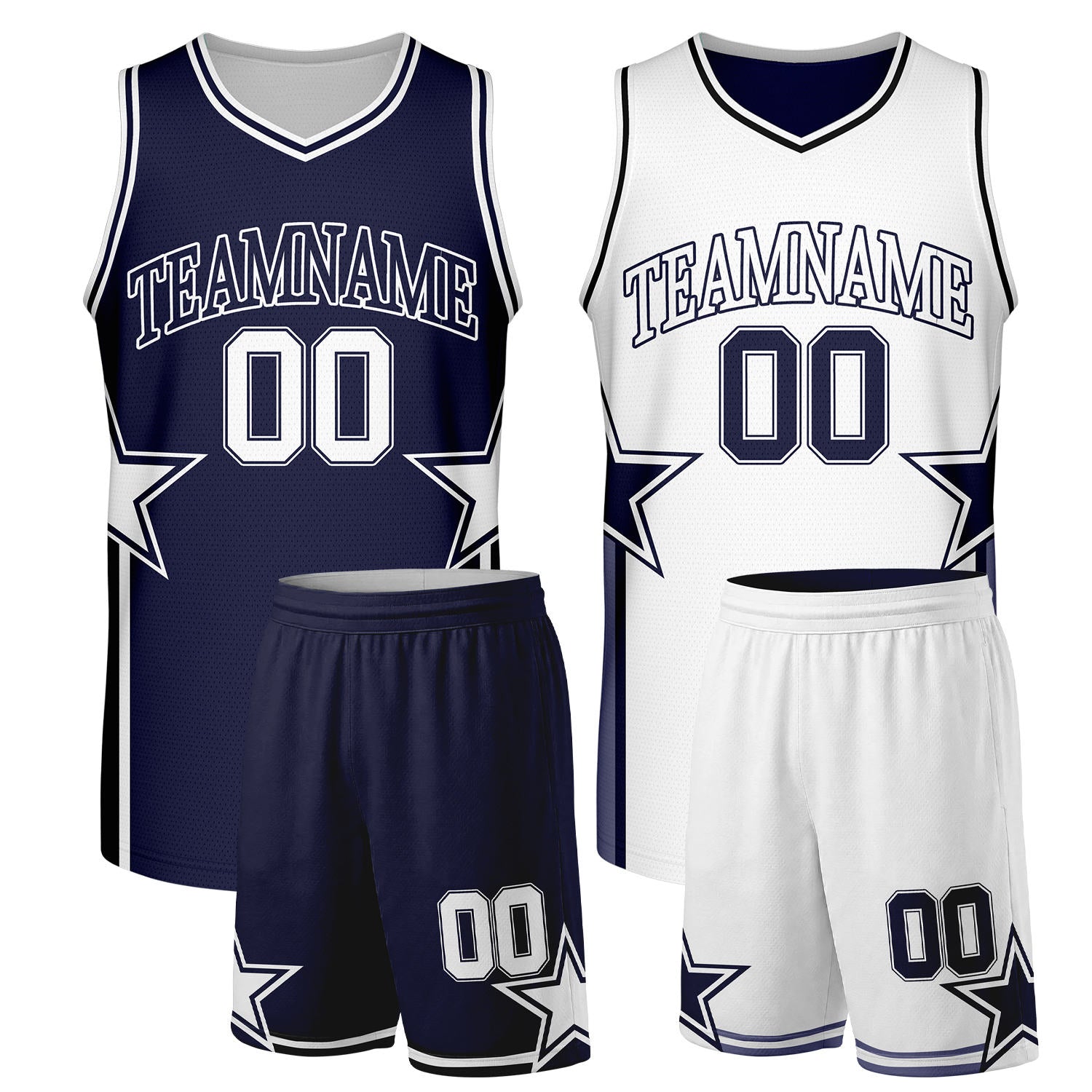 Custom adult basketball uniforms navy white reversible by Vosoli. Personalized team name, player number & logo. Breathable mesh. Fast delivery.
