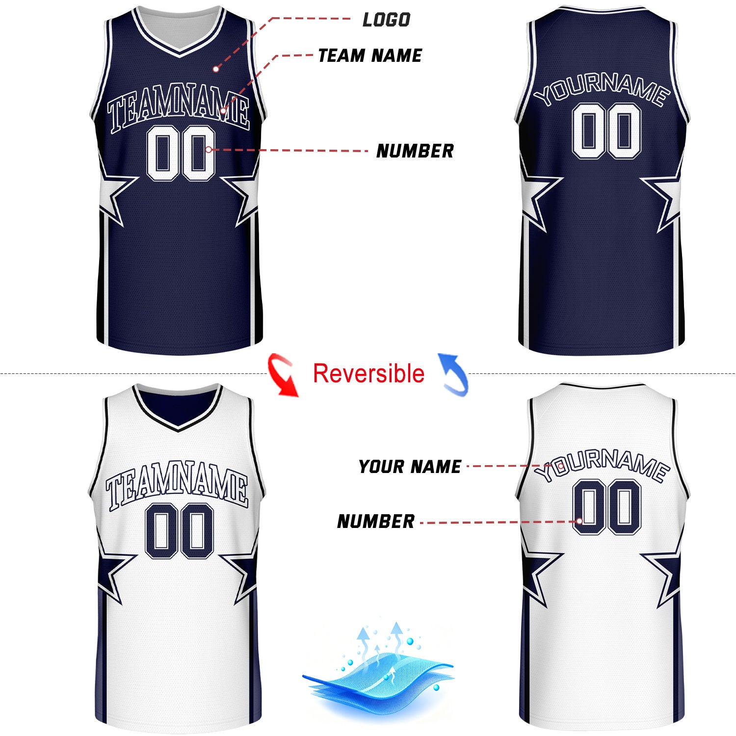Custom Navy & White Star Reversible Basketball Uniform Set | Breathable Mesh Jersey & Shorts