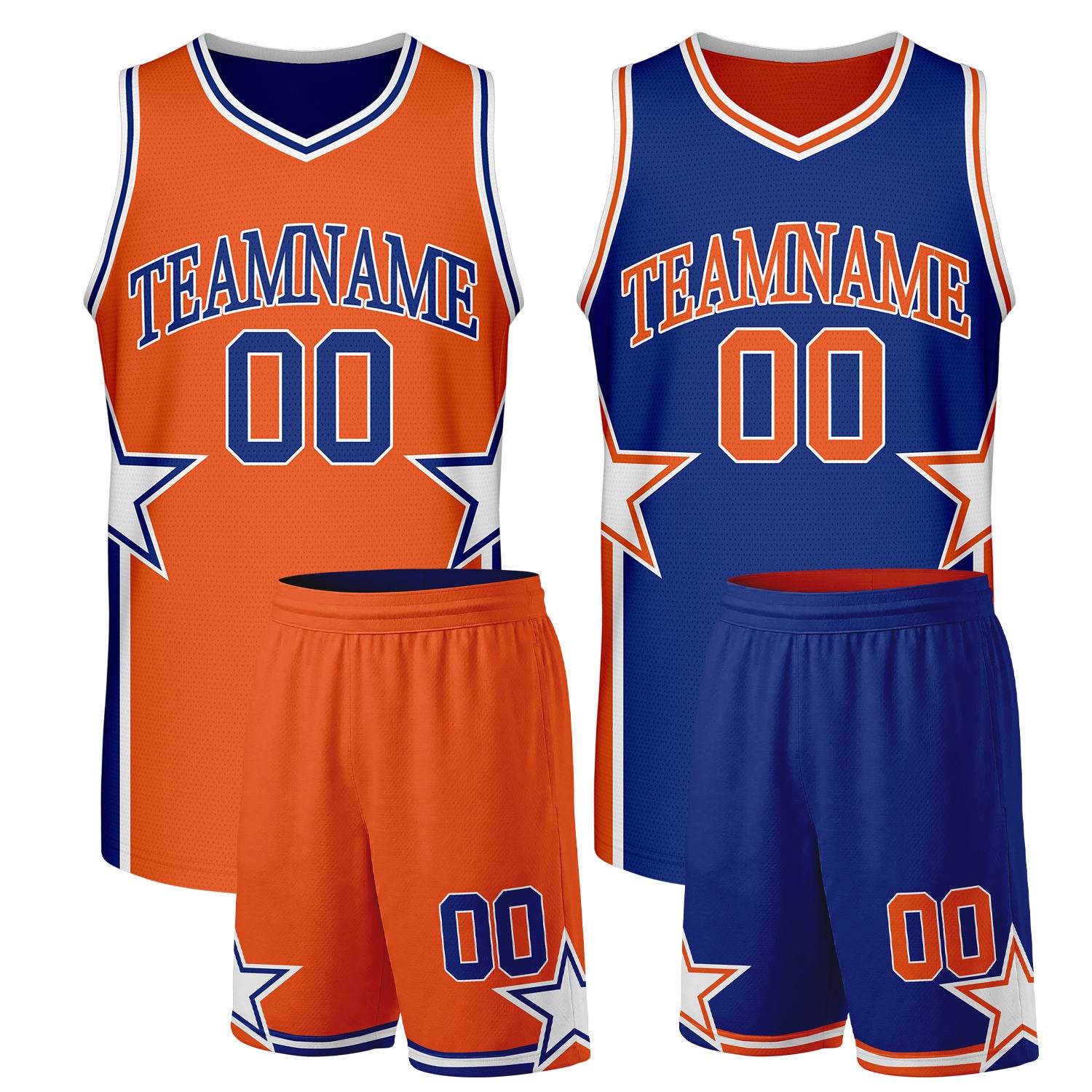 Custom adult basketball uniforms orange royal blue reversible by Vosoli. Personalized team name, player number & logo. Breathable mesh. Fast delivery.