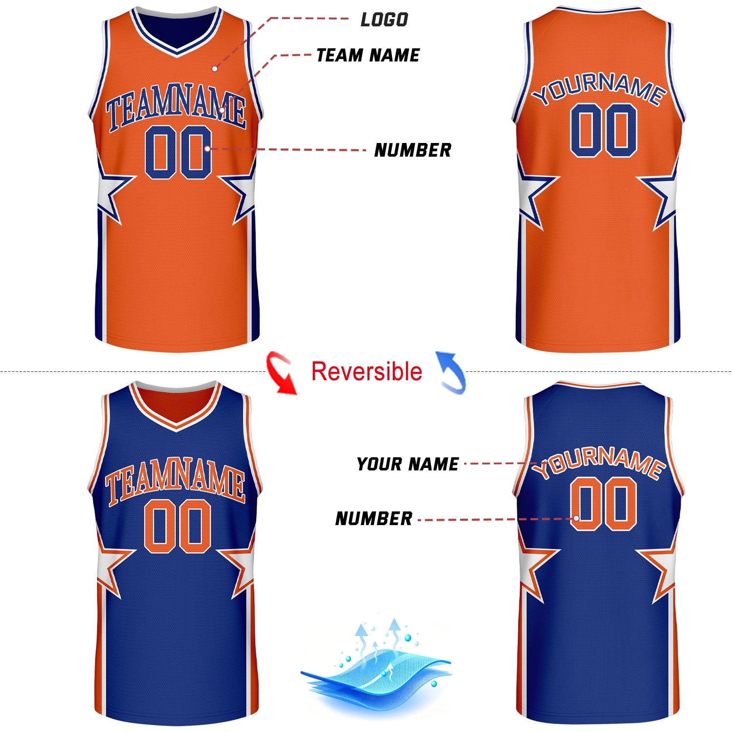 Custom Orange & Royal Blue Star Reversible Basketball Uniform Set | Breathable Mesh Jersey & Shorts