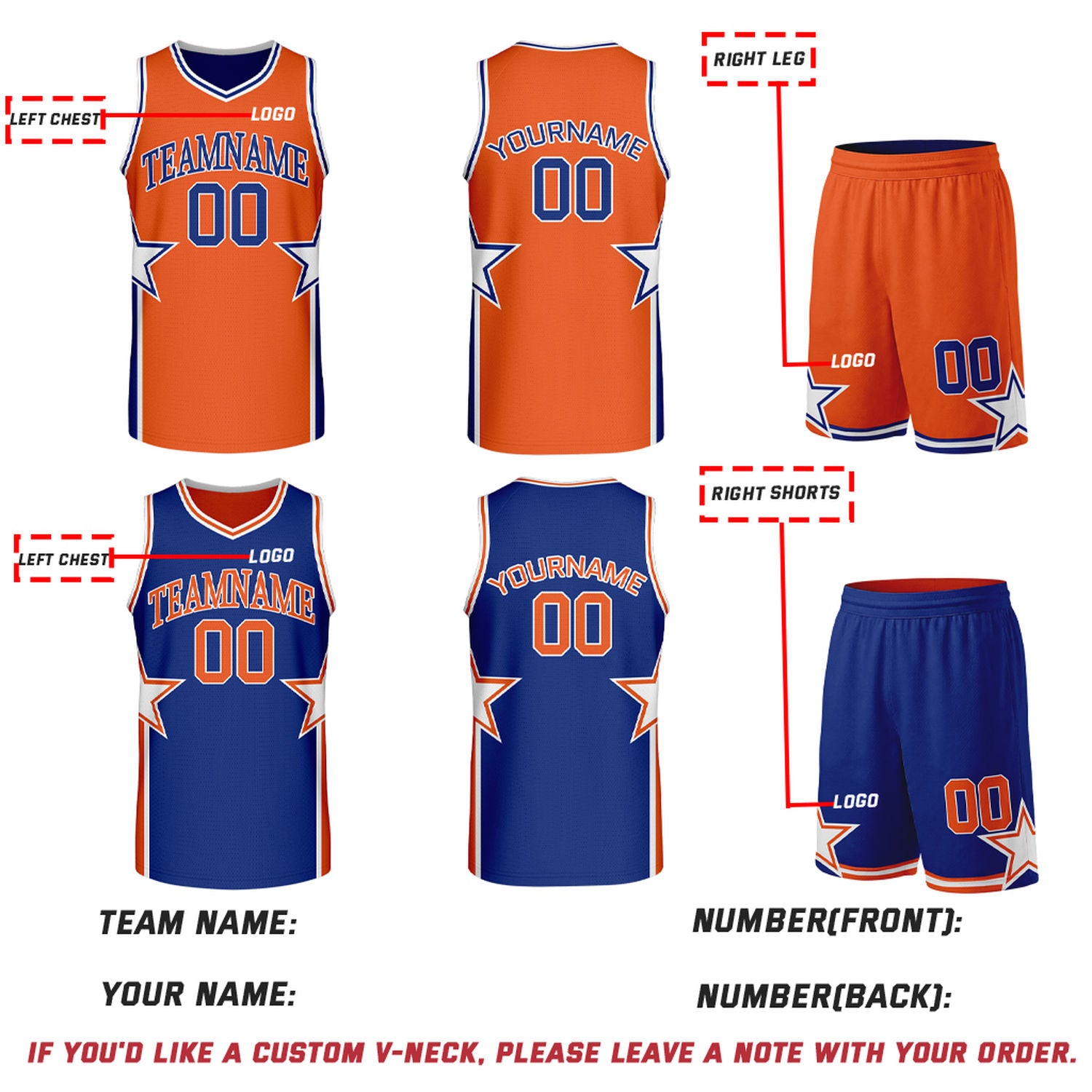 Custom Orange & Royal Blue Star Reversible Basketball Uniform Set | Breathable Mesh Jersey & Shorts