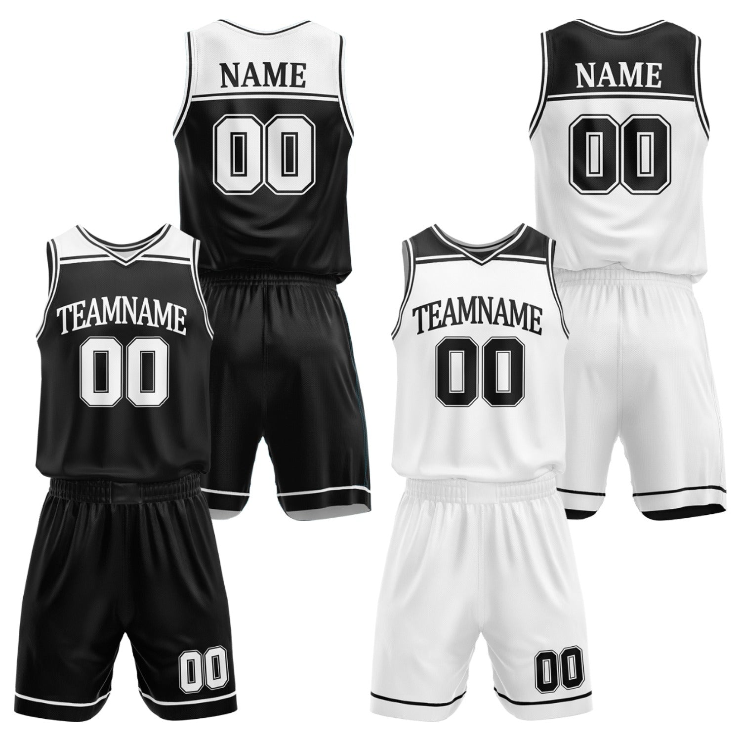 Custom adult basketball uniforms set black white by Vosoli. Personalized team name, player name, number & logo. Breathable mesh. Fast delivery.