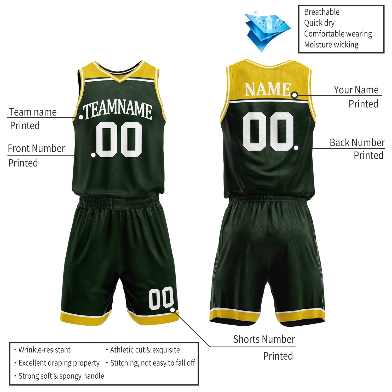Custom Dark Green & Gold Double Sided Basketball Jersey Set | Wholesale Team Uniform