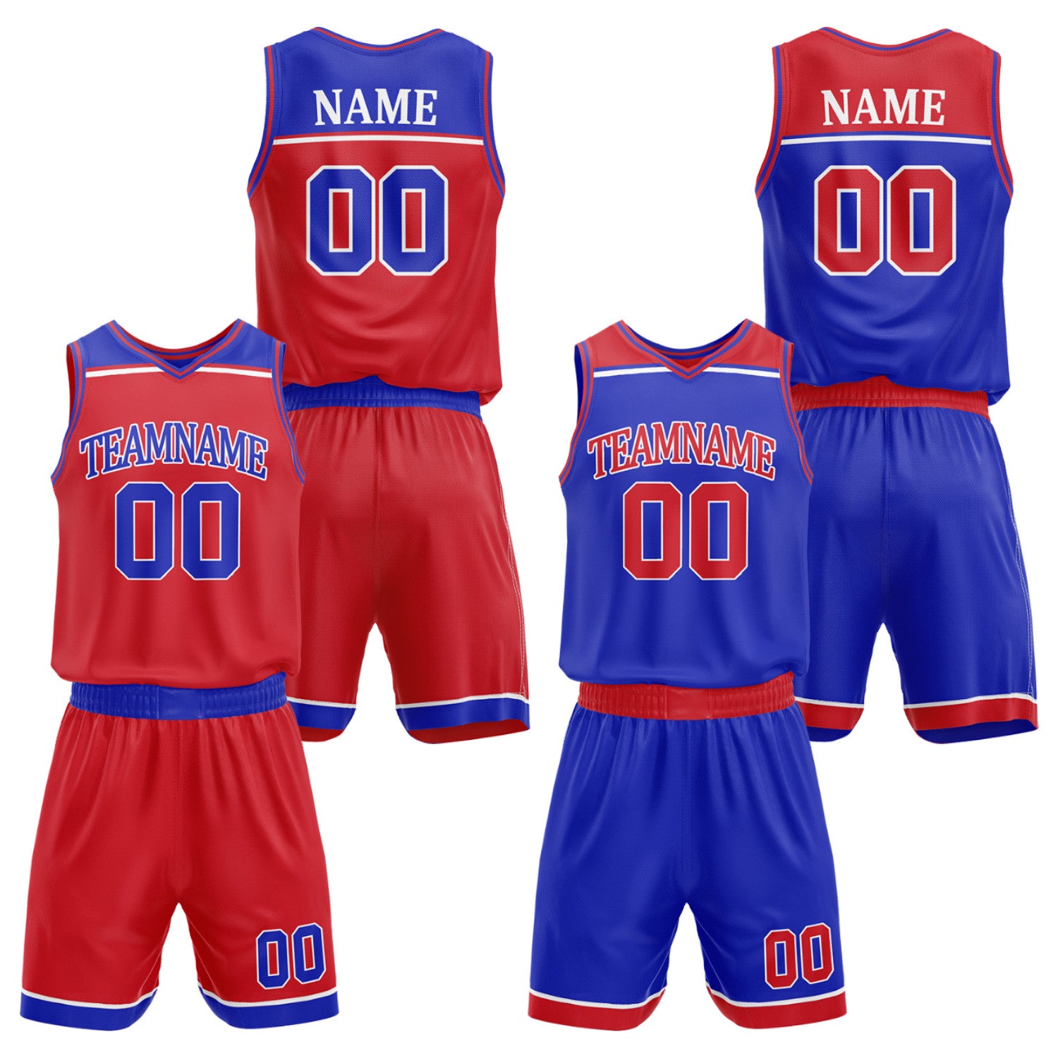 Custom adult basketball uniforms set red royal blue by Vosoli. Personalized team name, player name, number & logo. Breathable mesh. Fast delivery.