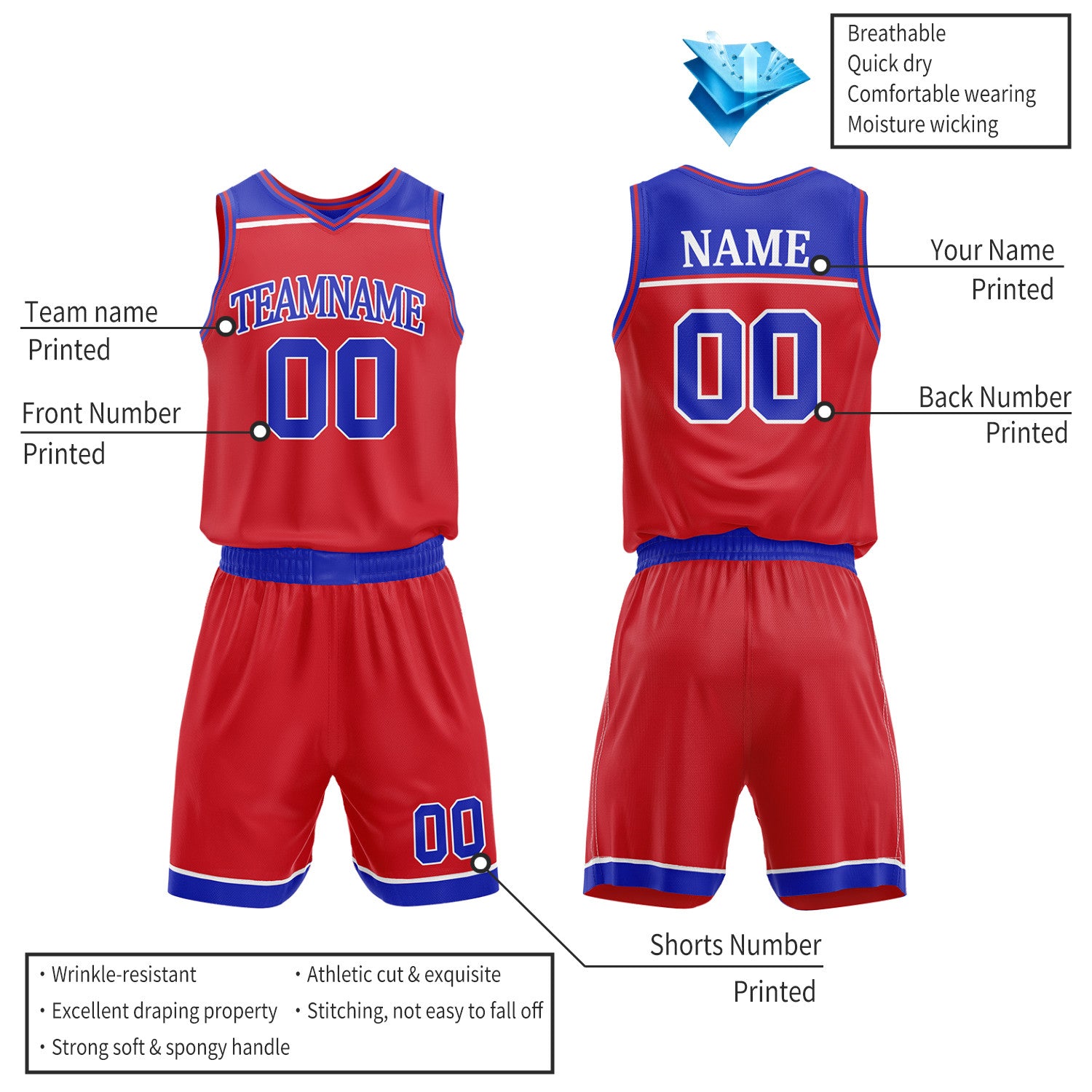 Custom Red & Royal Blue Double Sided Basketball Jersey Set | Wholesale Team Uniform