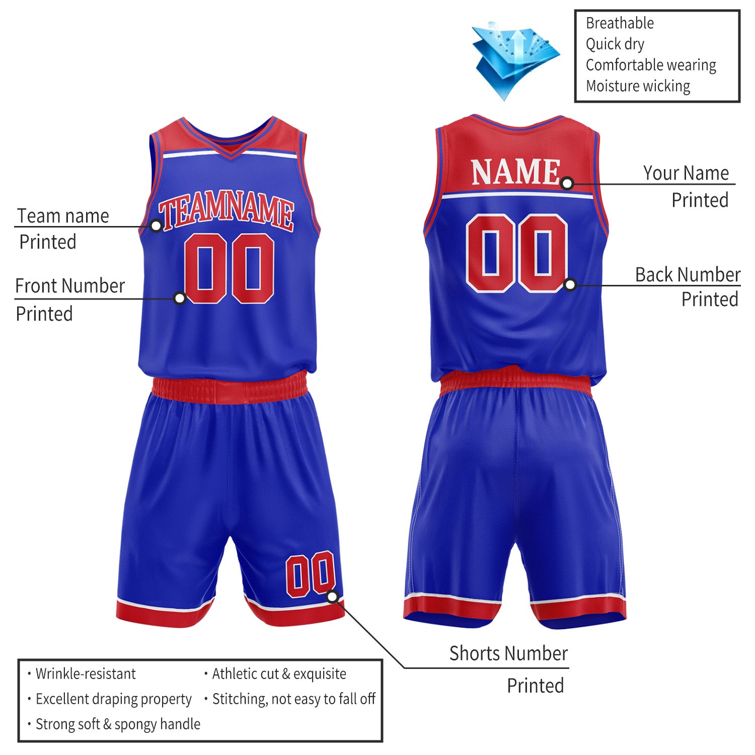 Custom Red & Royal Blue Double Sided Basketball Jersey Set | Wholesale Team Uniform