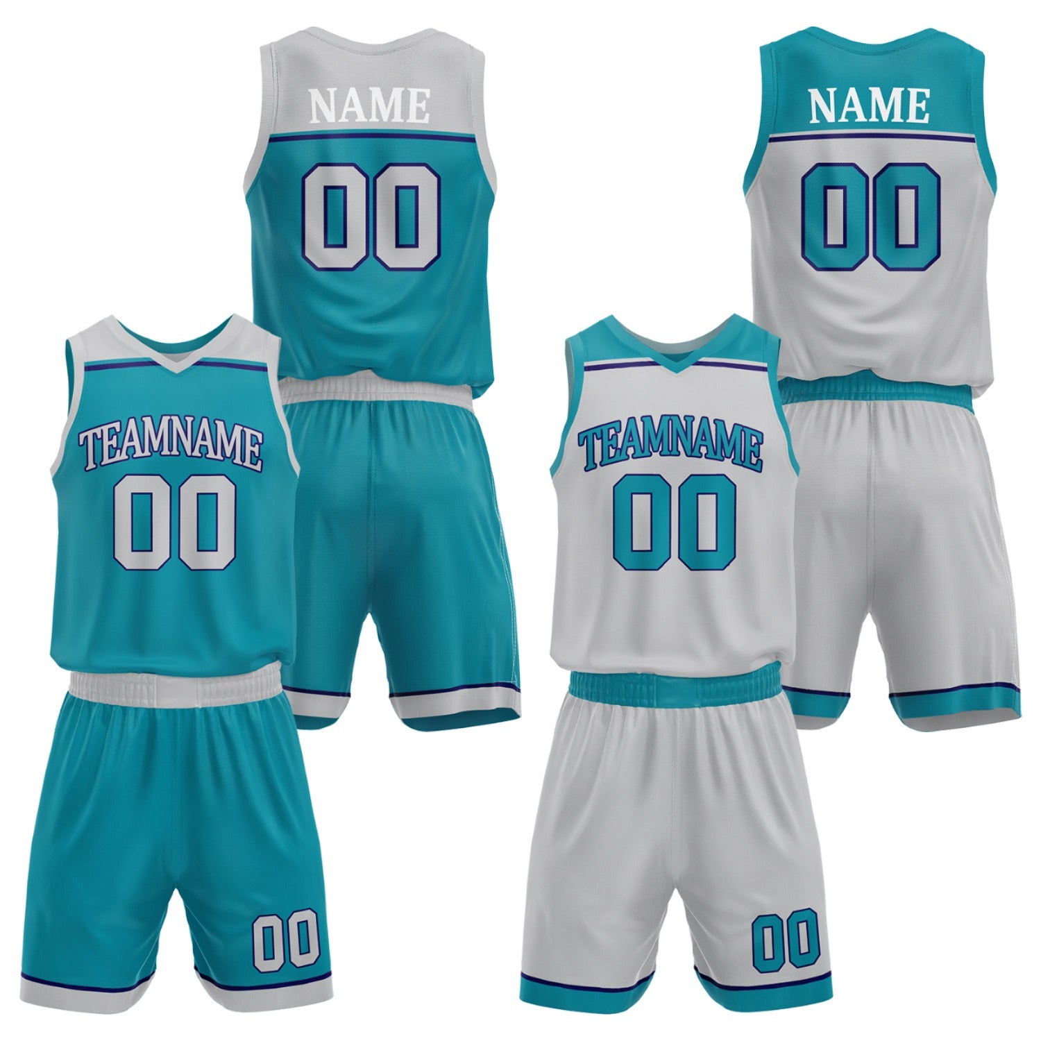 Custom adult basketball uniforms set teal light gray by Vosoli. Personalized team name, player name, number & logo. Breathable mesh. Fast delivery.
